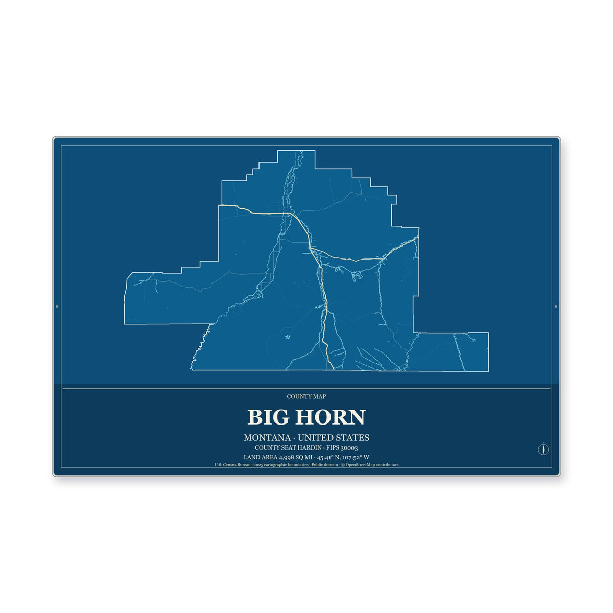 Big Horn County, Montana Map Aluminum Sign in Harbor Cobalt style