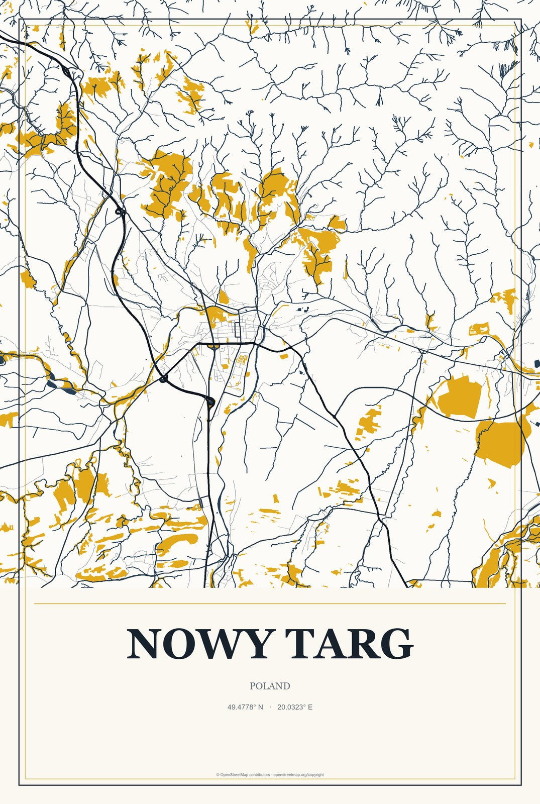 Nowy Targ, Poland City Map Aluminum Sign in Citrine Modern style