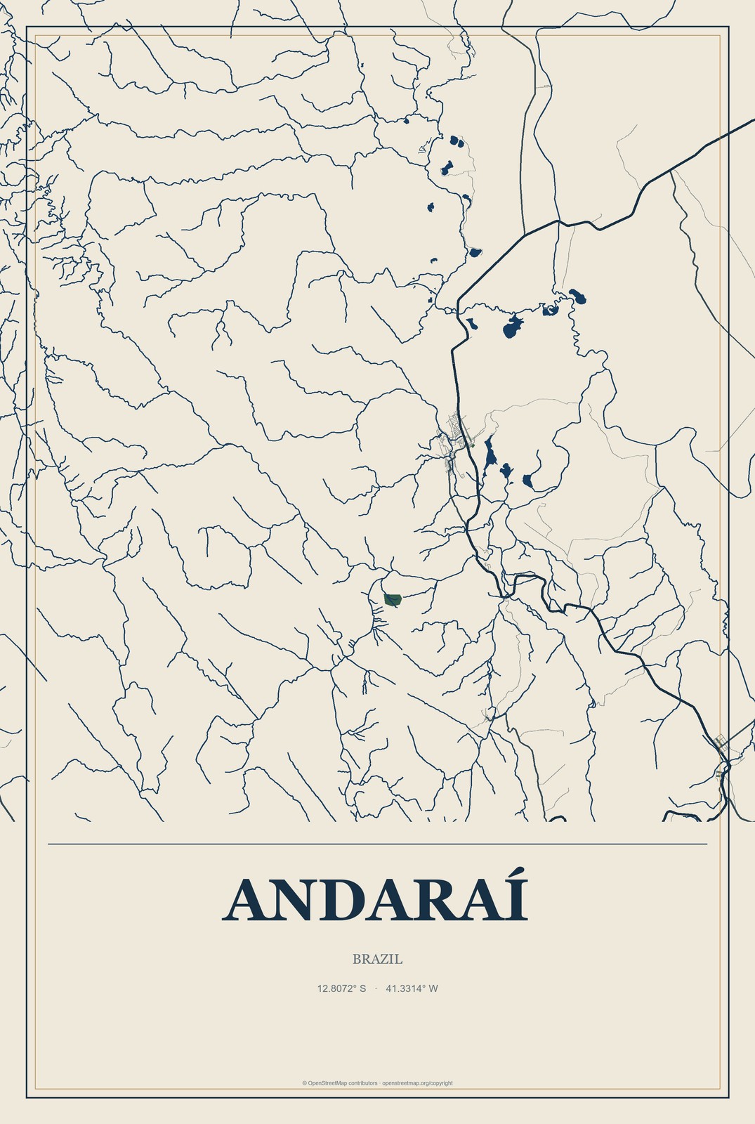 Andaraí, Brazil City Map Aluminum Sign in Coastal Cutout style