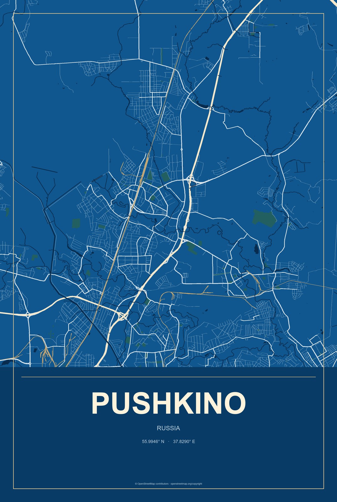 Pushkino, Russia City Map Aluminum Sign in Harbor Cobalt style