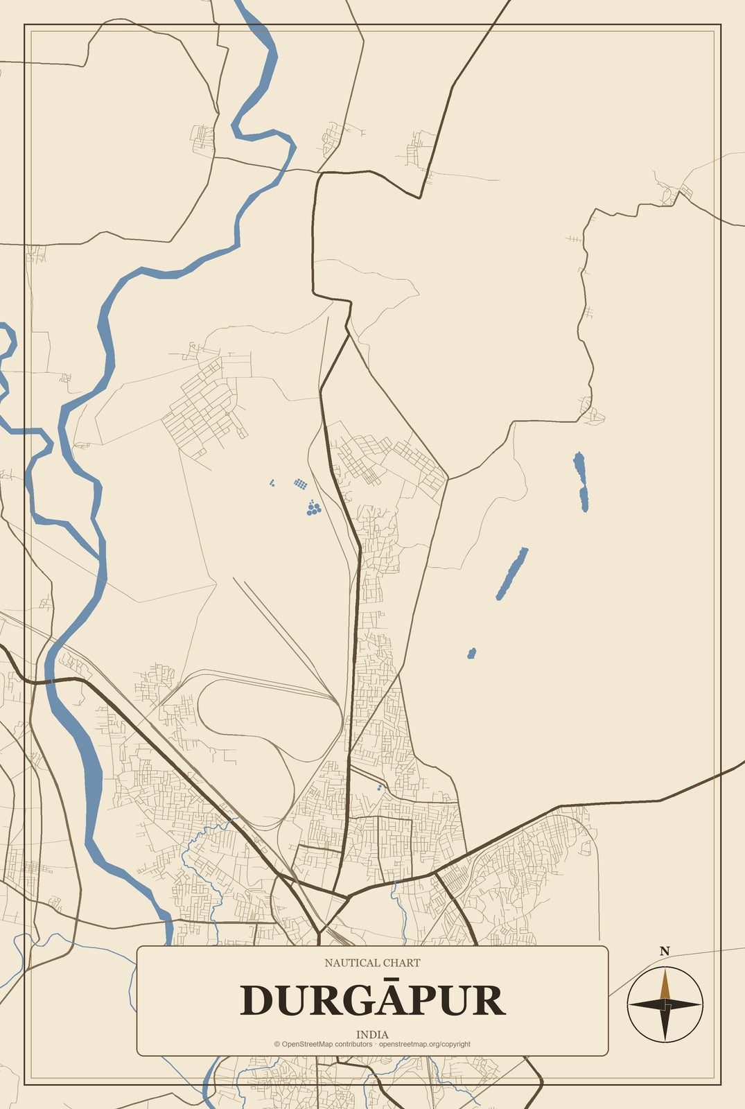 Durgāpur, India City Map Aluminum Sign in Heritage Nautical style