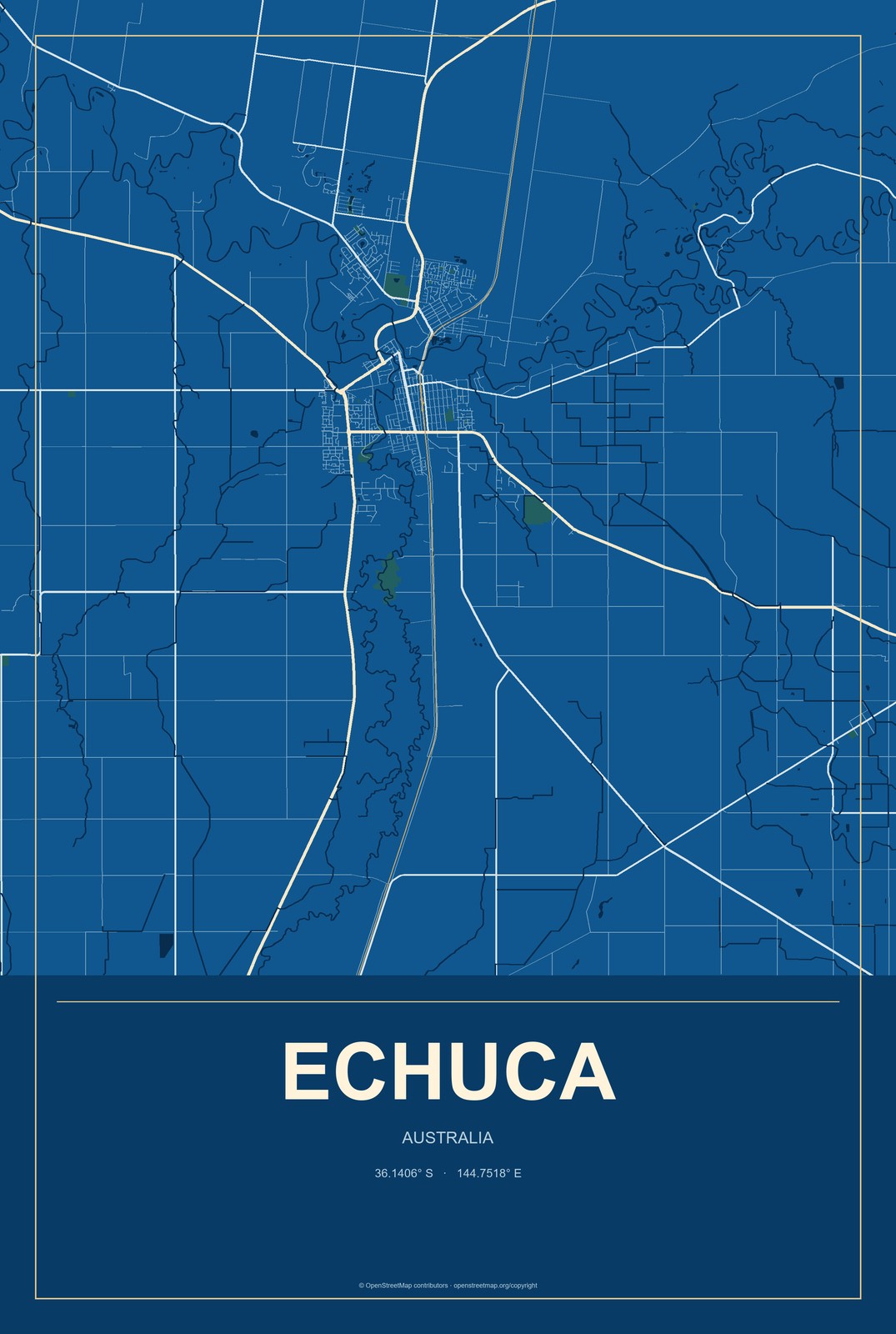 Echuca, Australia City Map Aluminum Sign in Harbor Cobalt style