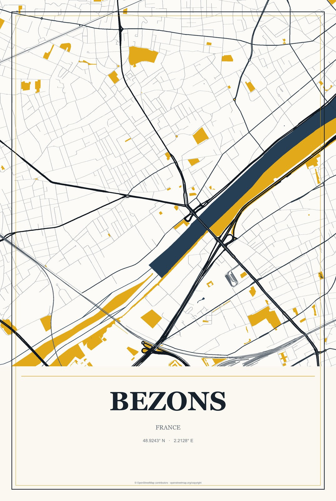 Bezons, France City Map Aluminum Sign in Citrine Modern style