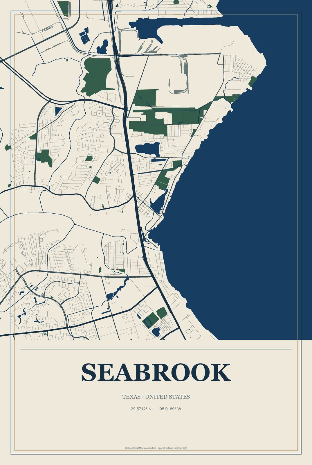 Seabrook, Texas City Map Aluminum Sign in Coastal Cutout style