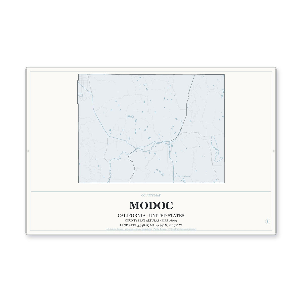 Modoc County, California Map Aluminum Sign in Gallery Air style