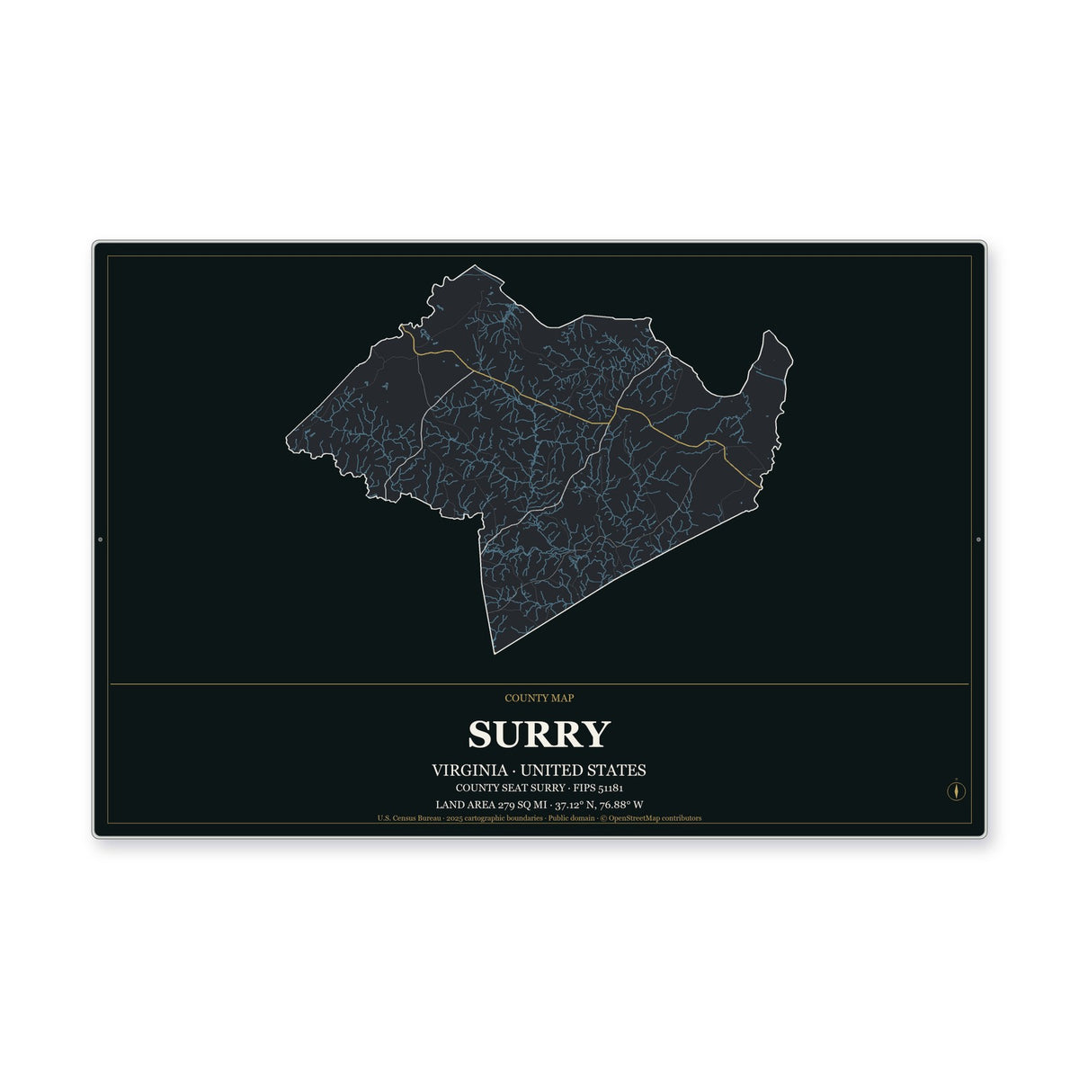 Surry County, Virginia Map Aluminum Sign in Metropolitan Noir style
