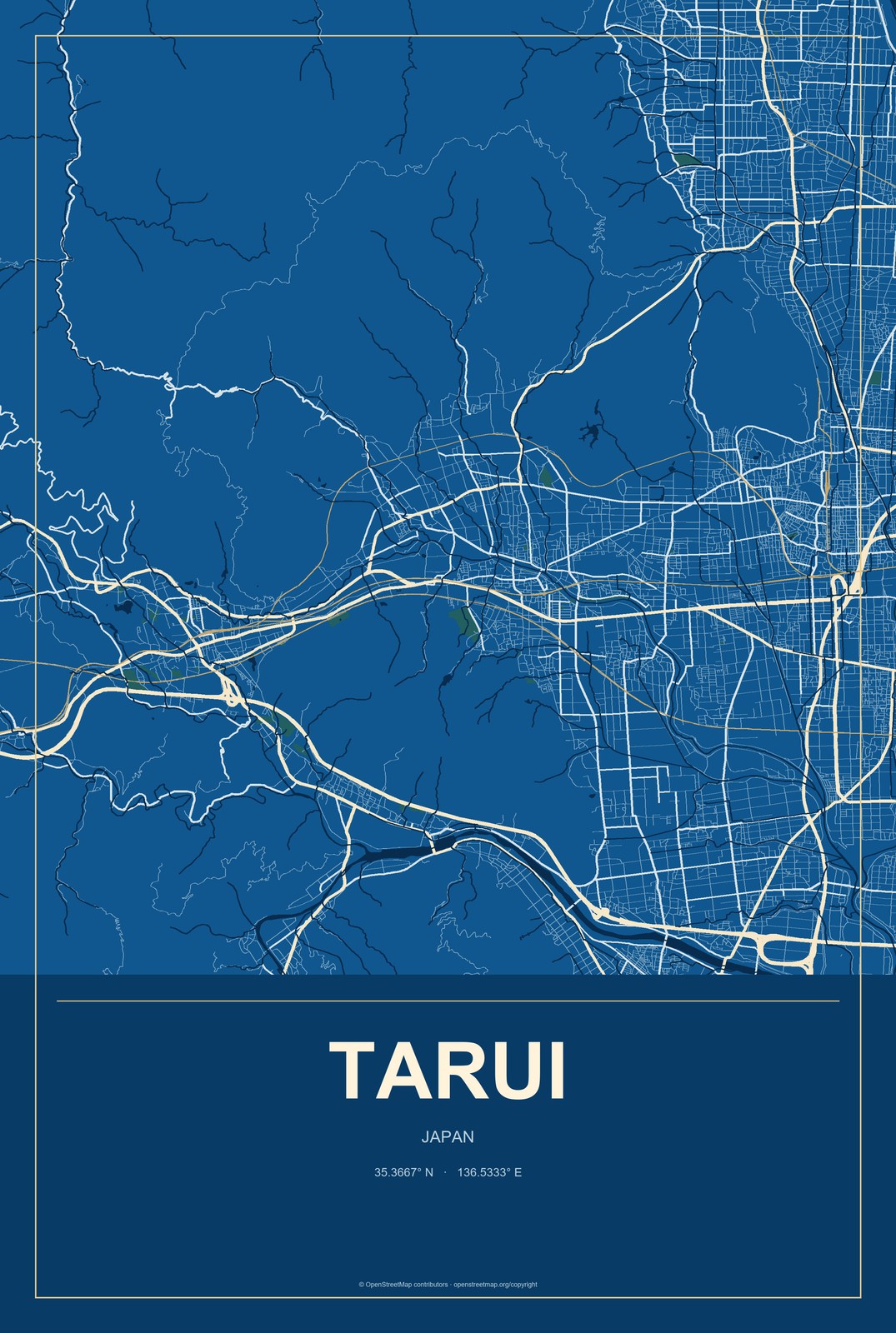 Tarui, Japan City Map Aluminum Sign in Harbor Cobalt style