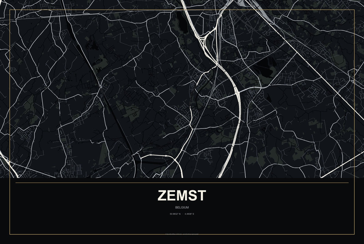 Zemst, Belgium City Map Aluminum Sign in Metropolitan Noir style