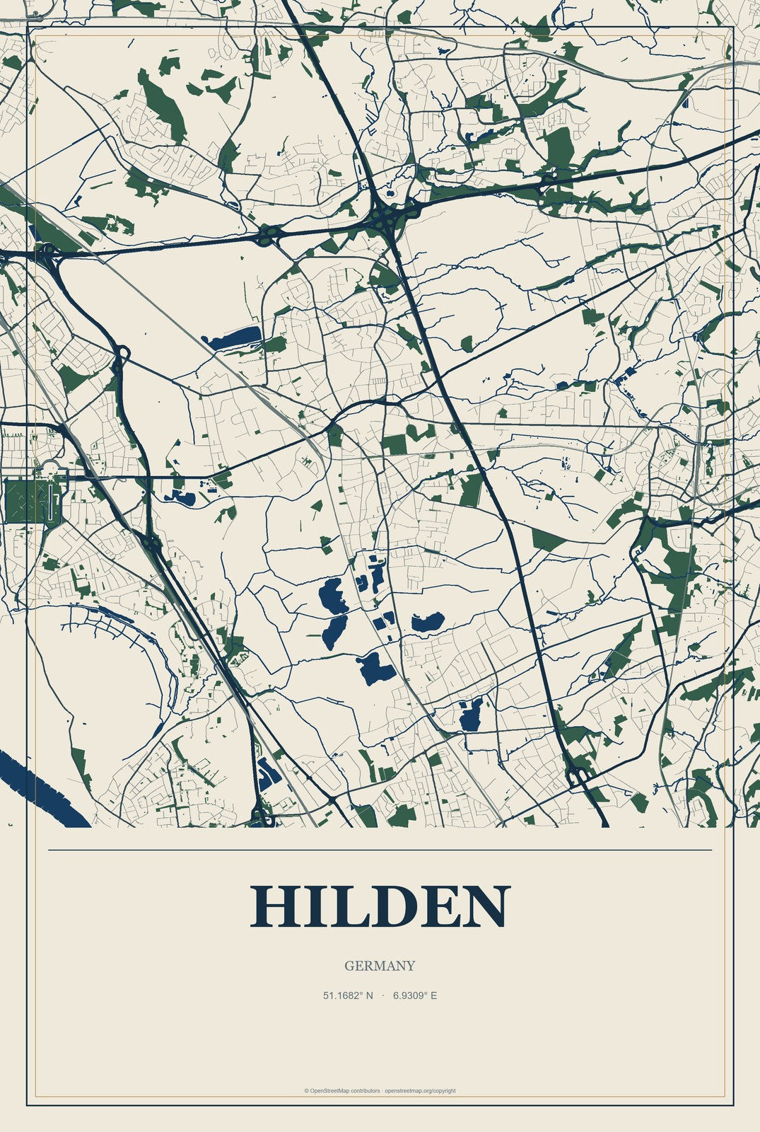 Hilden, Germany City Map Aluminum Sign in Coastal Cutout style