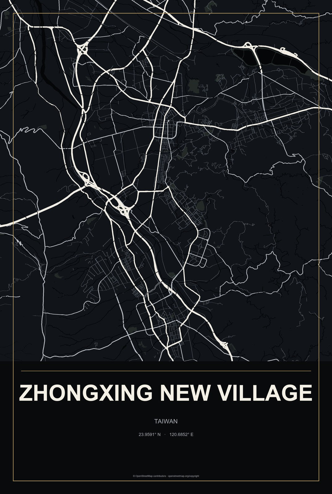 Zhongxing New Village, Taiwan City Map Aluminum Sign in Metropolitan Noir style