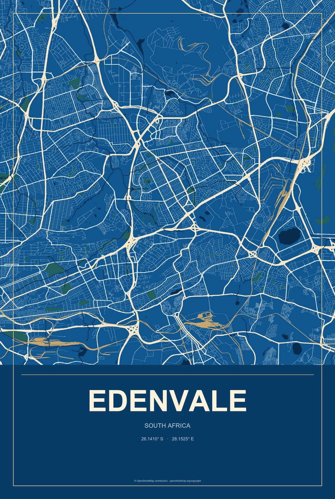 Edenvale, South Africa City Map Aluminum Sign in Harbor Cobalt style