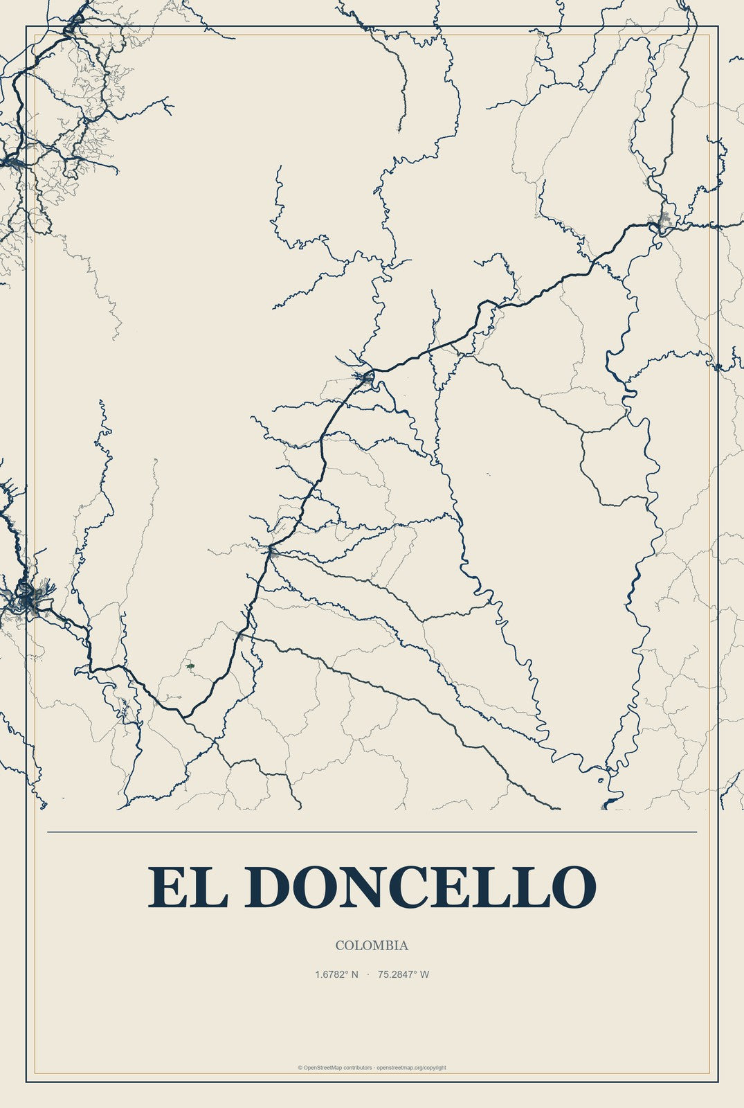 El Doncello, Colombia City Map Aluminum Sign in Coastal Cutout style