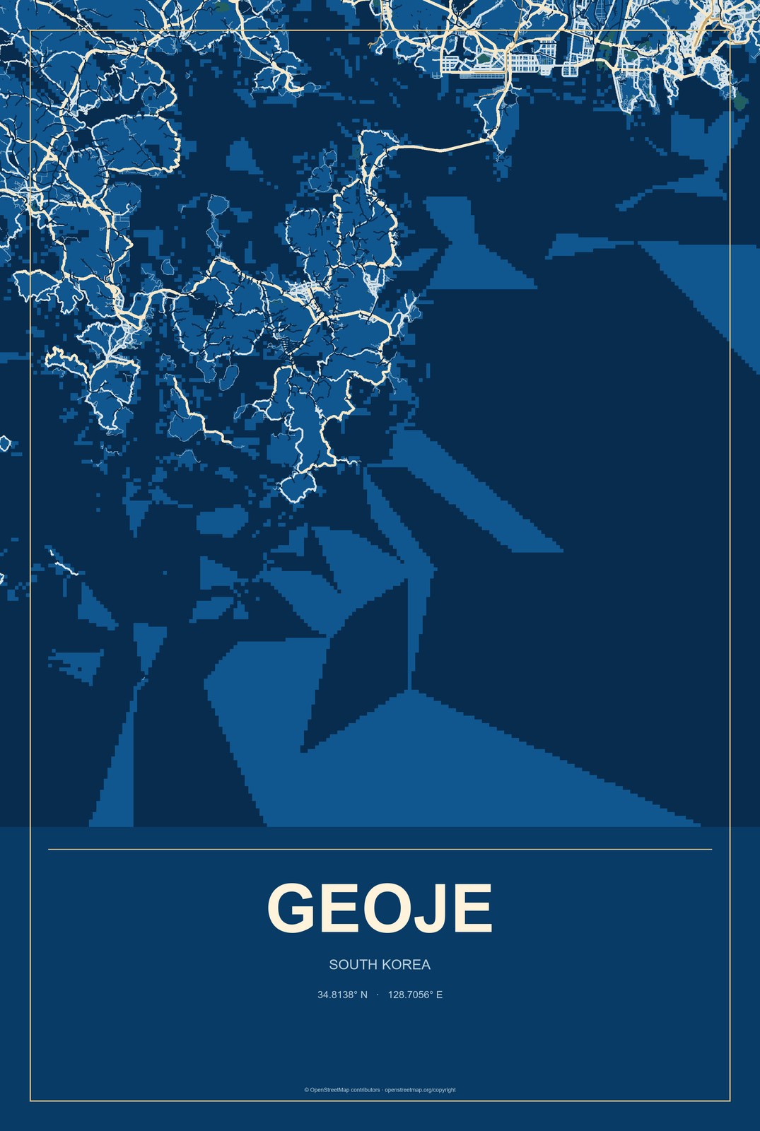Geoje, South Korea City Map Aluminum Sign in Harbor Cobalt style