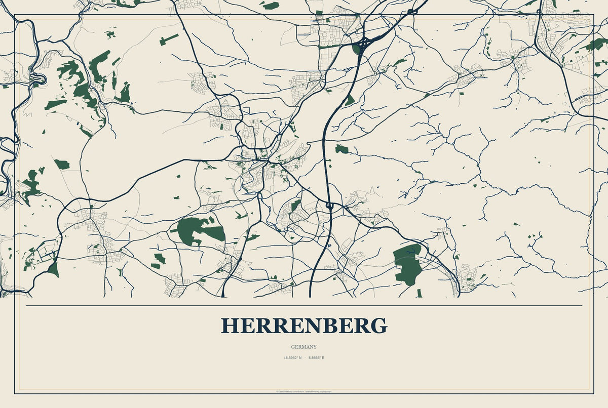Herrenberg, Germany City Map Aluminum Sign in Coastal Cutout style