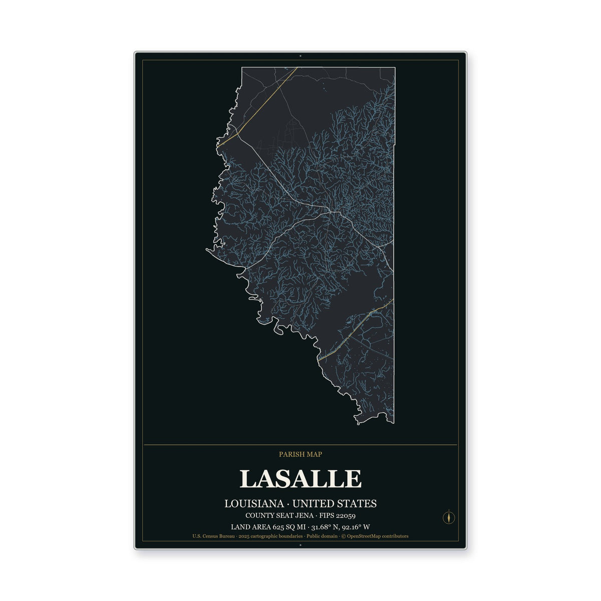 LaSalle Parish, Louisiana Map Aluminum Sign in Metropolitan Noir style