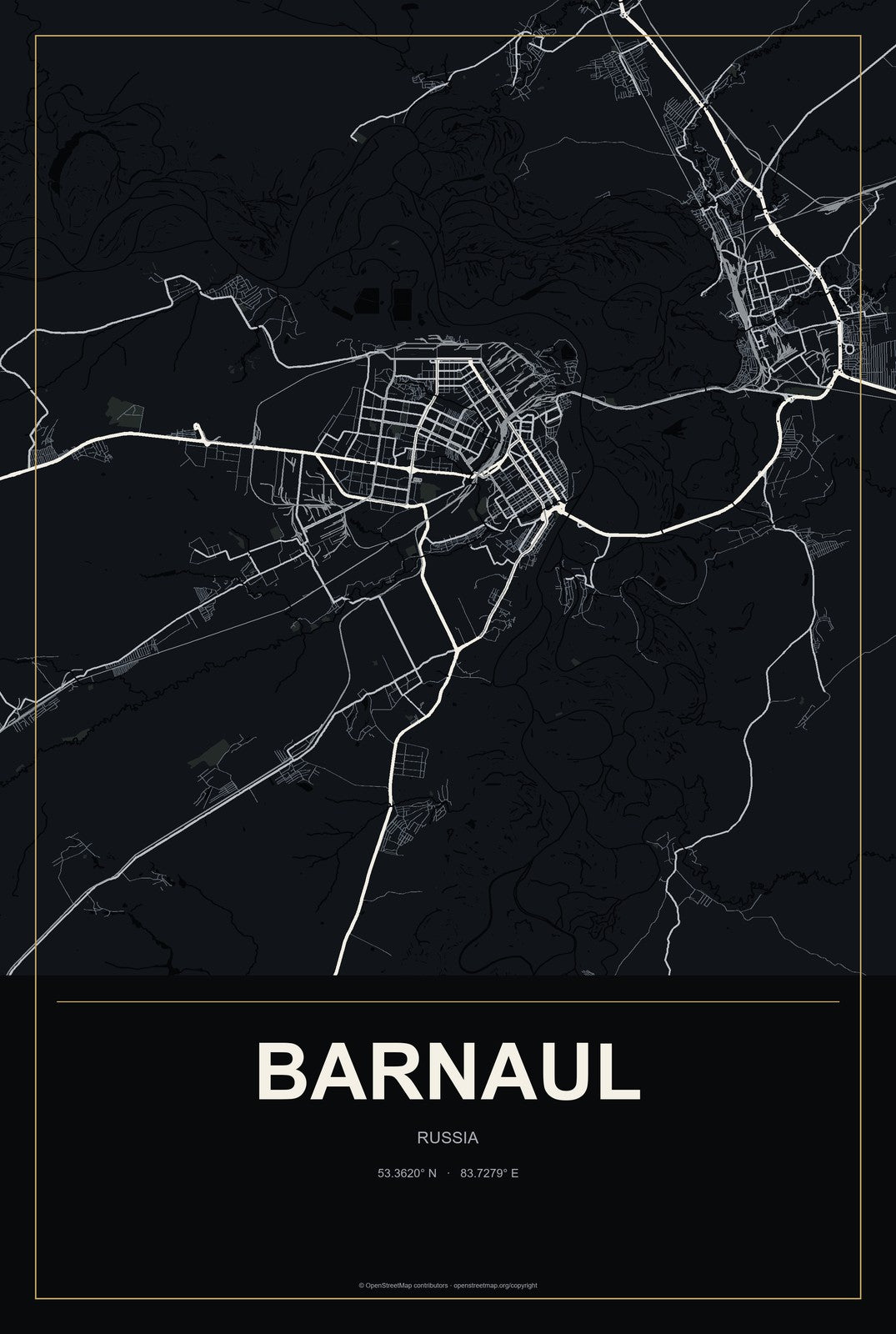 Barnaul, Russia City Map Aluminum Sign in Metropolitan Noir style