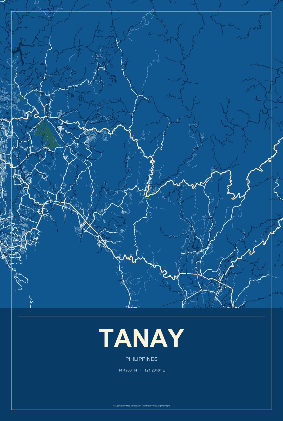 Tanay, Philippines City Map Aluminum Sign in Harbor Cobalt style