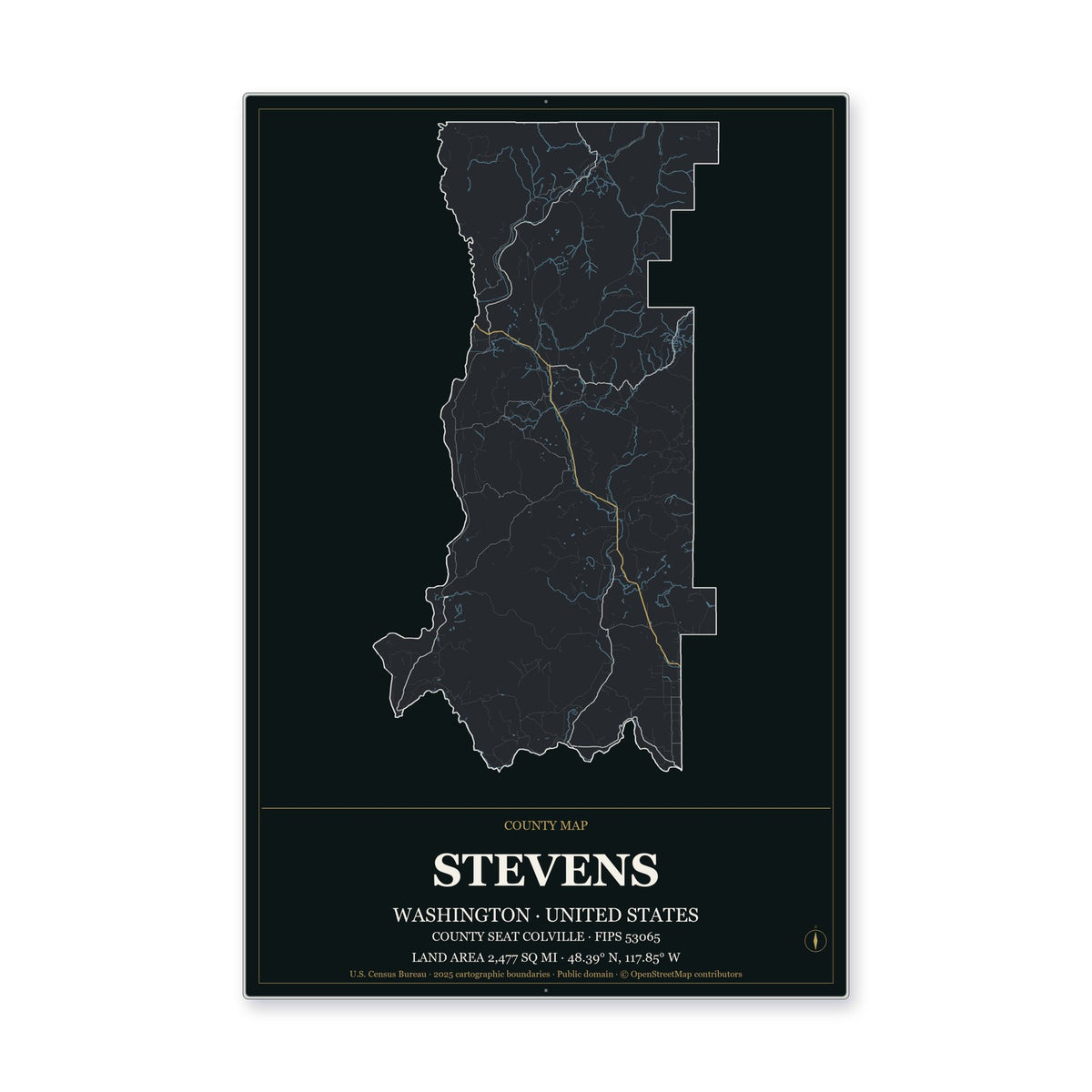 Stevens County, Washington Map Aluminum Sign in Metropolitan Noir style