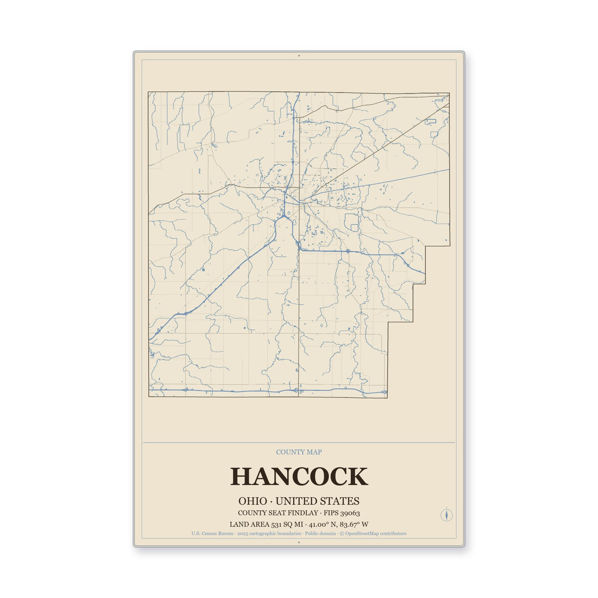 Hancock County, Ohio Map Aluminum Sign in Heritage Nautical style