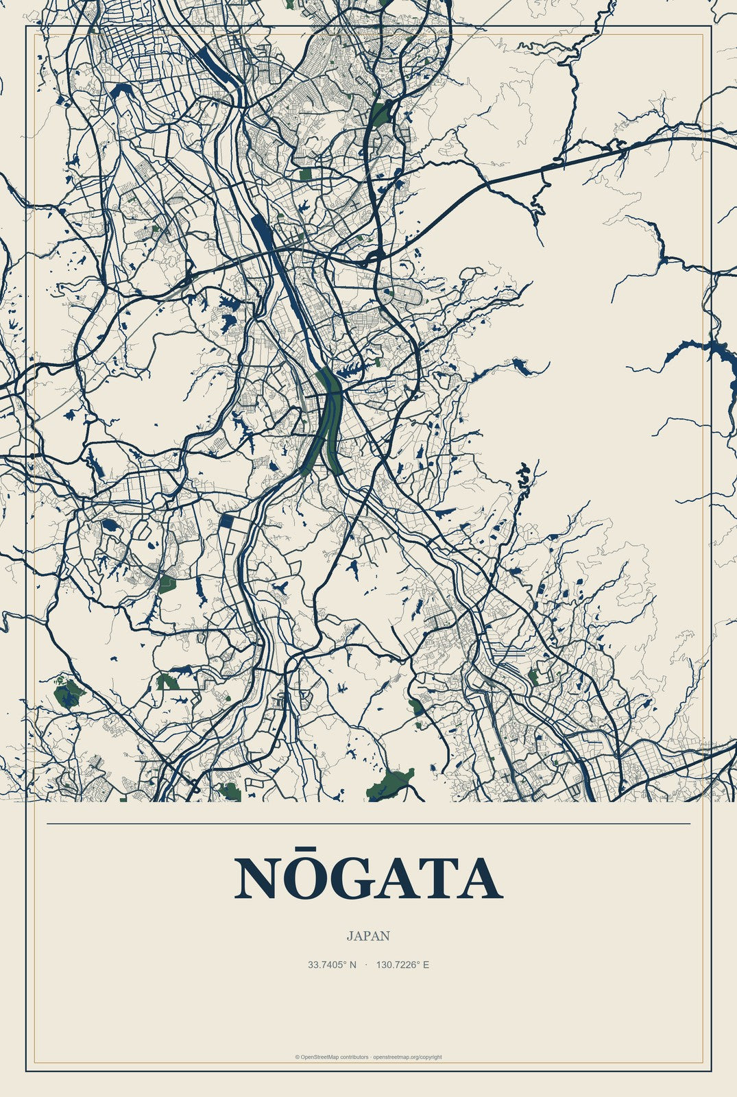 Nōgata, Japan City Map Aluminum Sign in Coastal Cutout style
