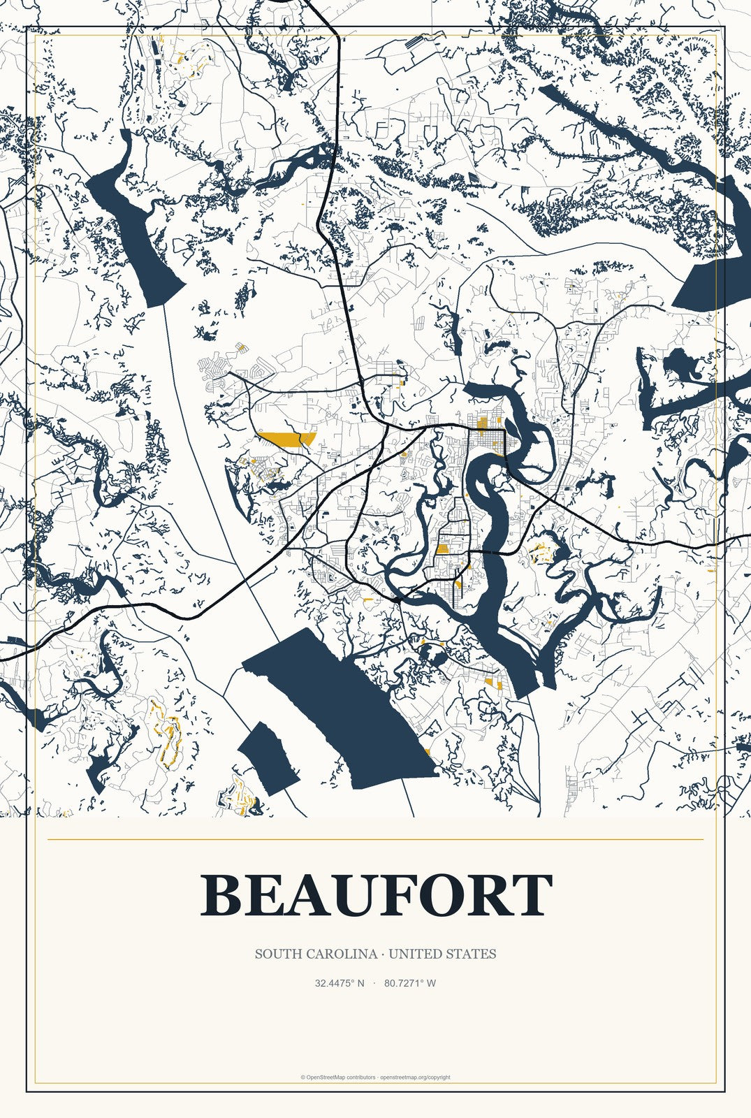 Beaufort, South Carolina City Map Aluminum Sign in Citrine Modern style