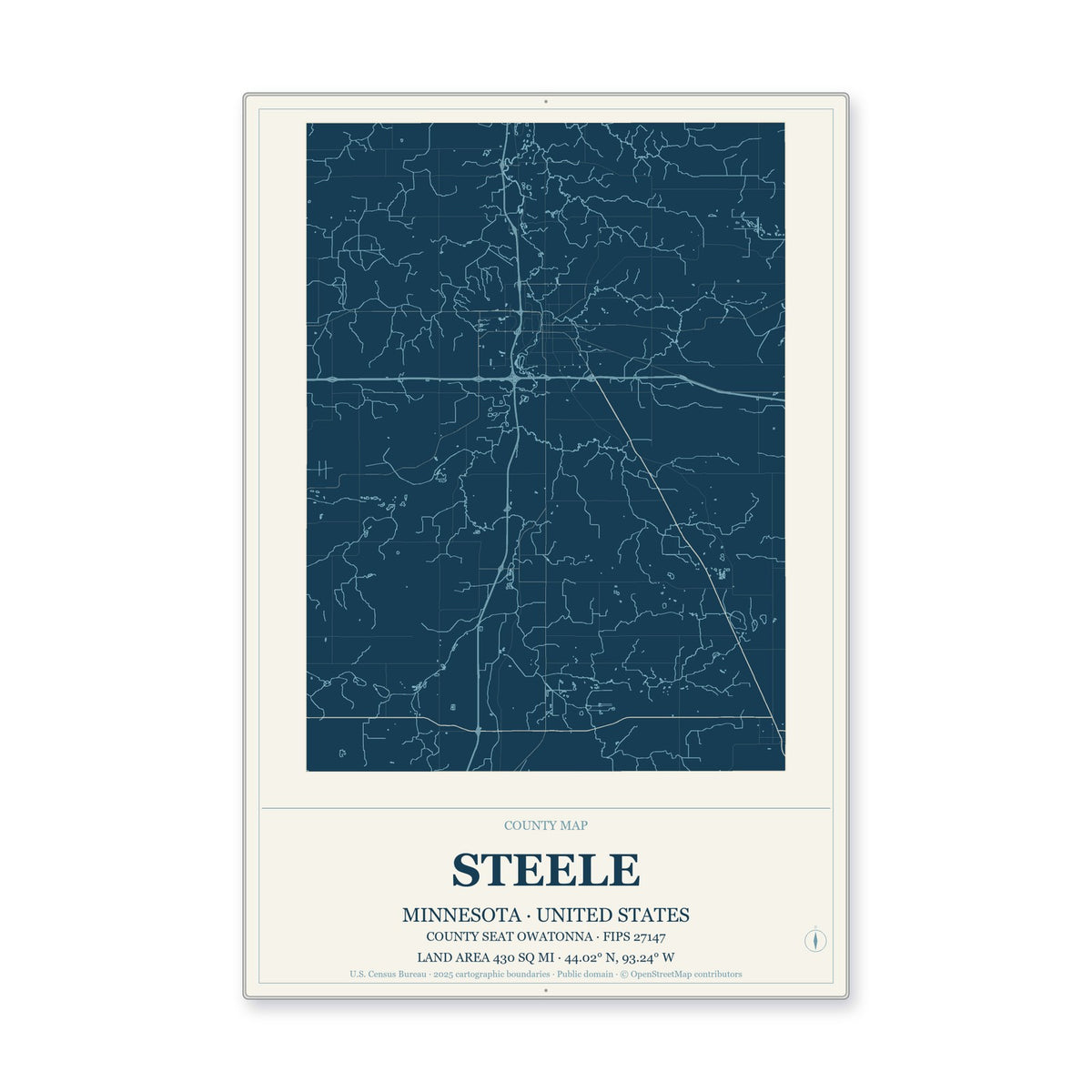 Steele County, Minnesota Map Aluminum Sign in Coastal Cutout style