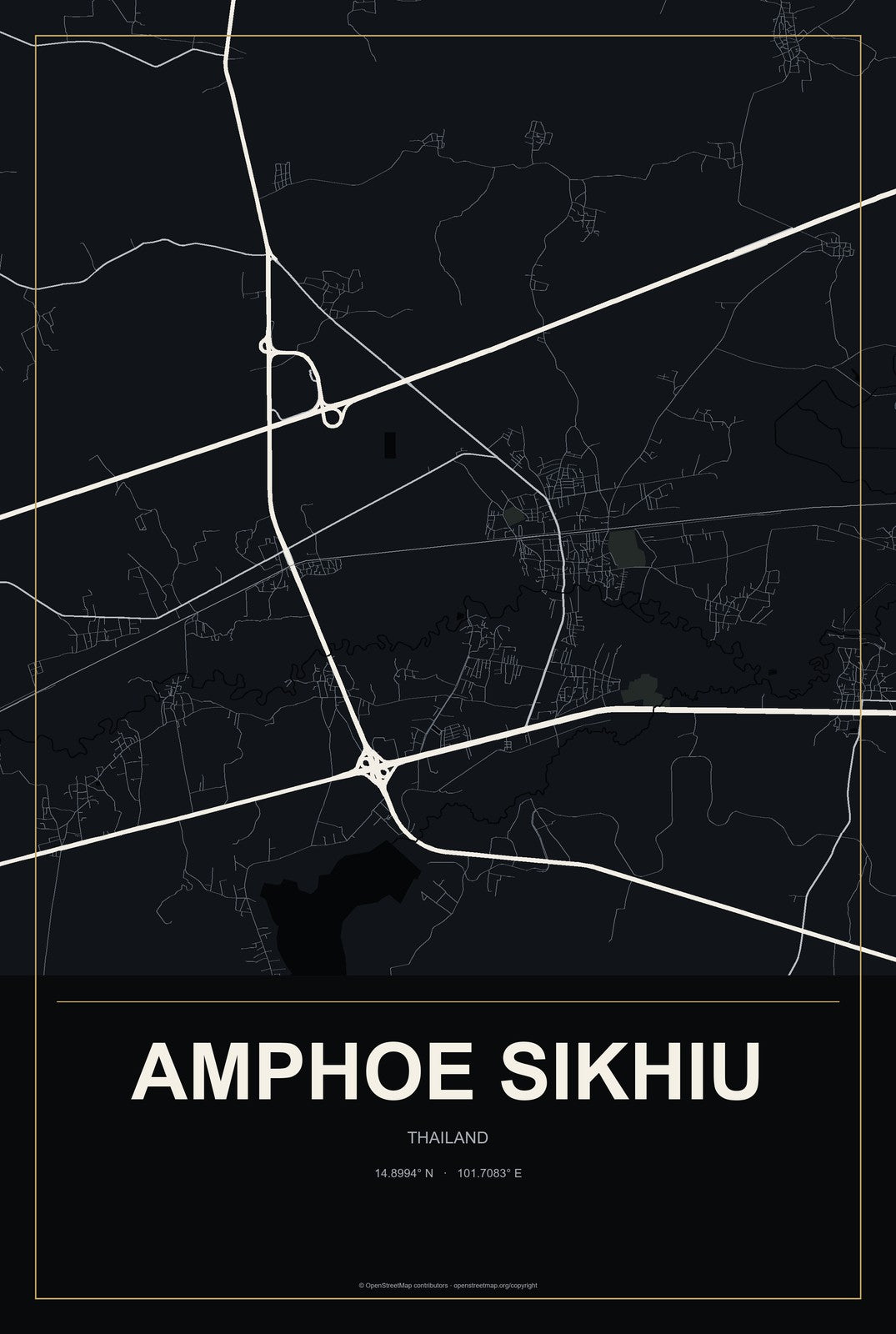 Amphoe Sikhiu, Thailand City Map Aluminum Sign in Metropolitan Noir style