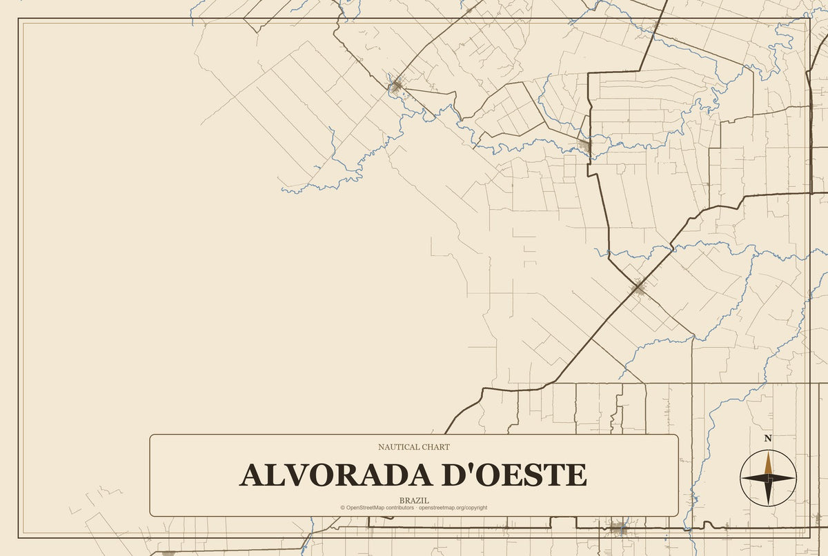 Alvorada d'Oeste, Brazil City Map Aluminum Sign in Heritage Nautical style