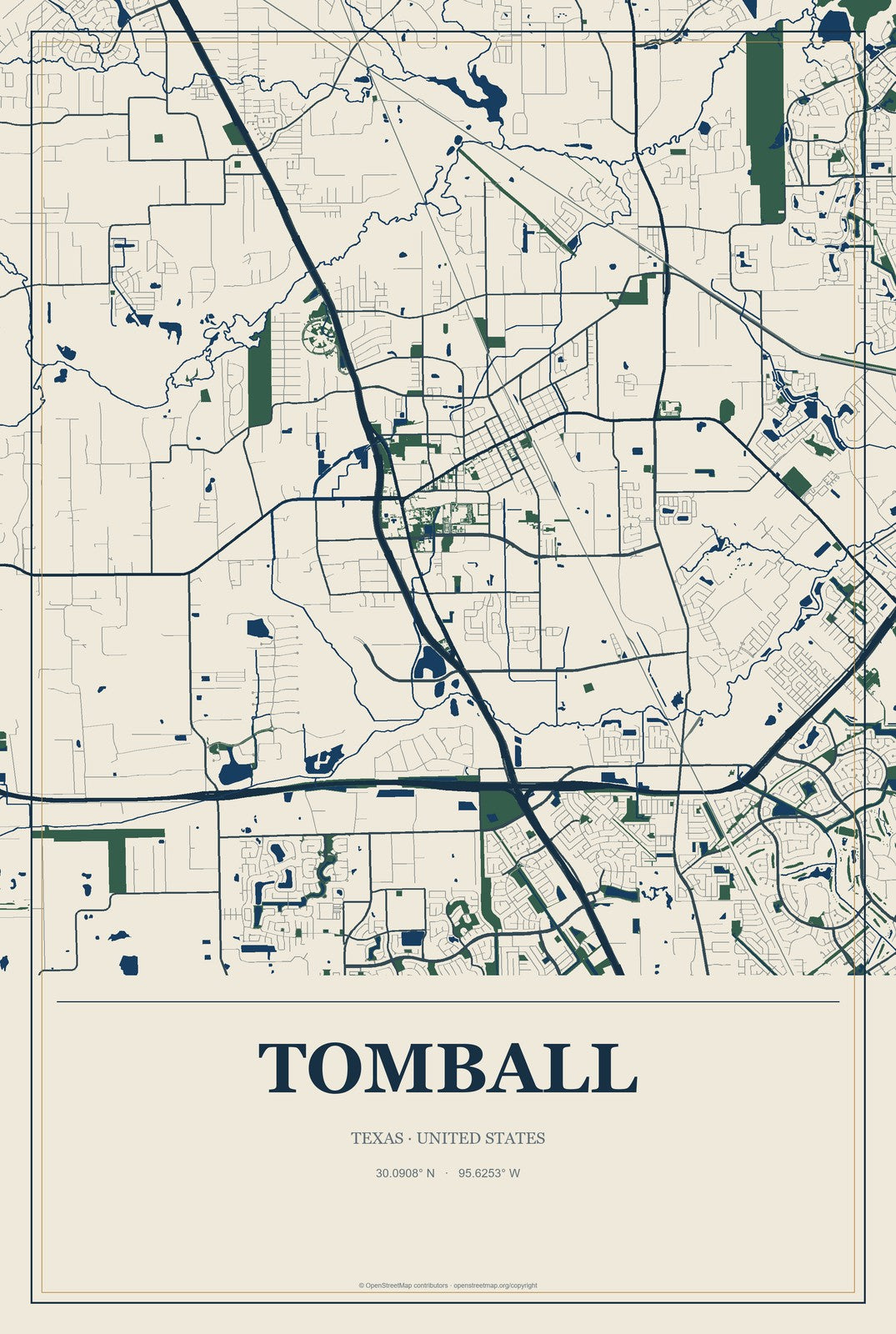 Tomball, Texas City Map Aluminum Sign in Coastal Cutout style