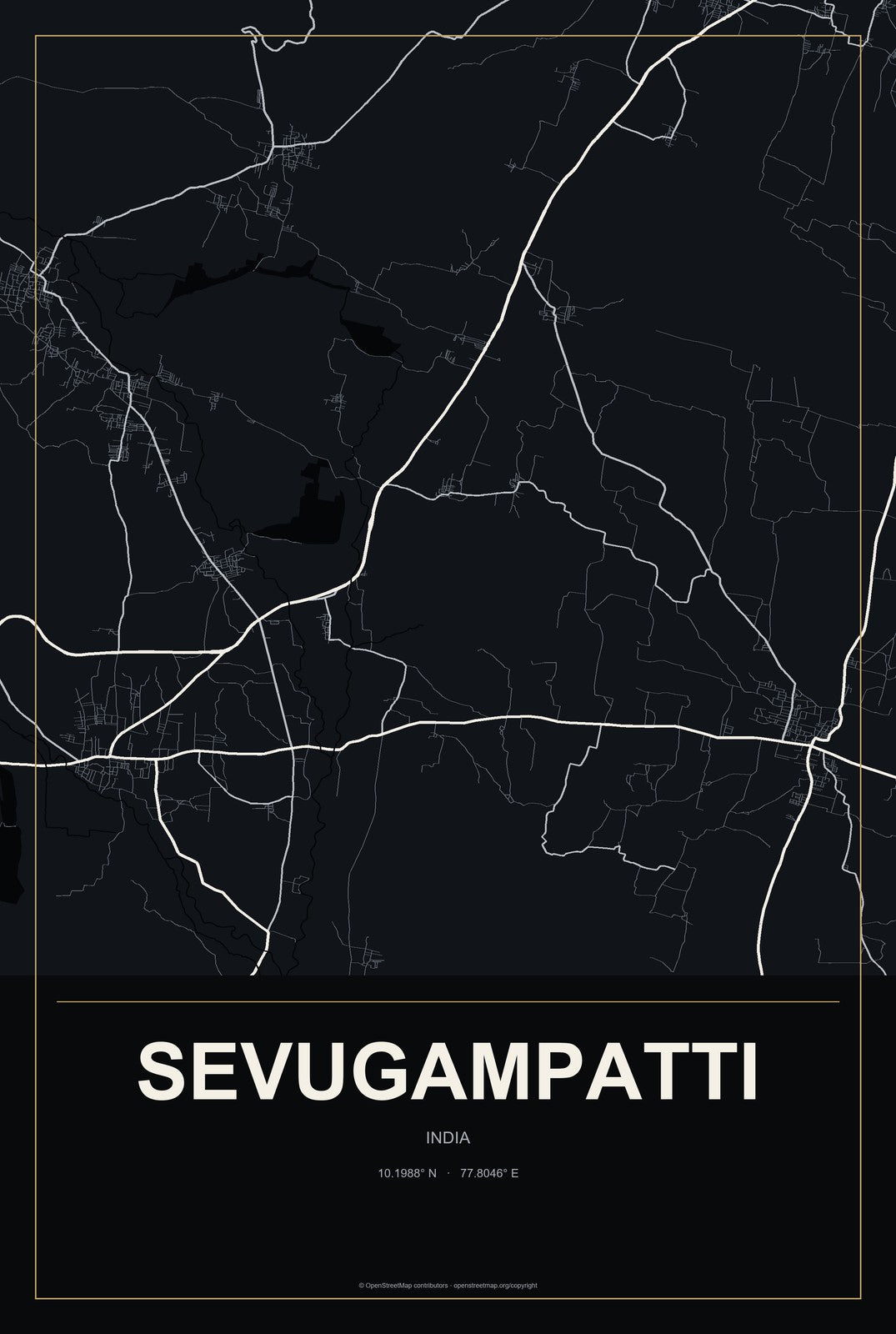 Sevugampatti, India City Map Aluminum Sign in Metropolitan Noir style