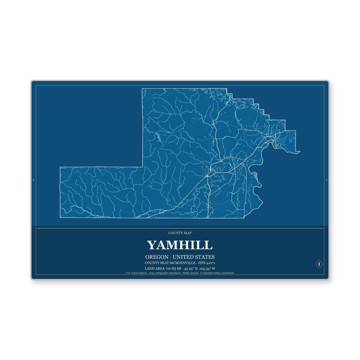 Yamhill County, Oregon Map Aluminum Sign in Harbor Cobalt style