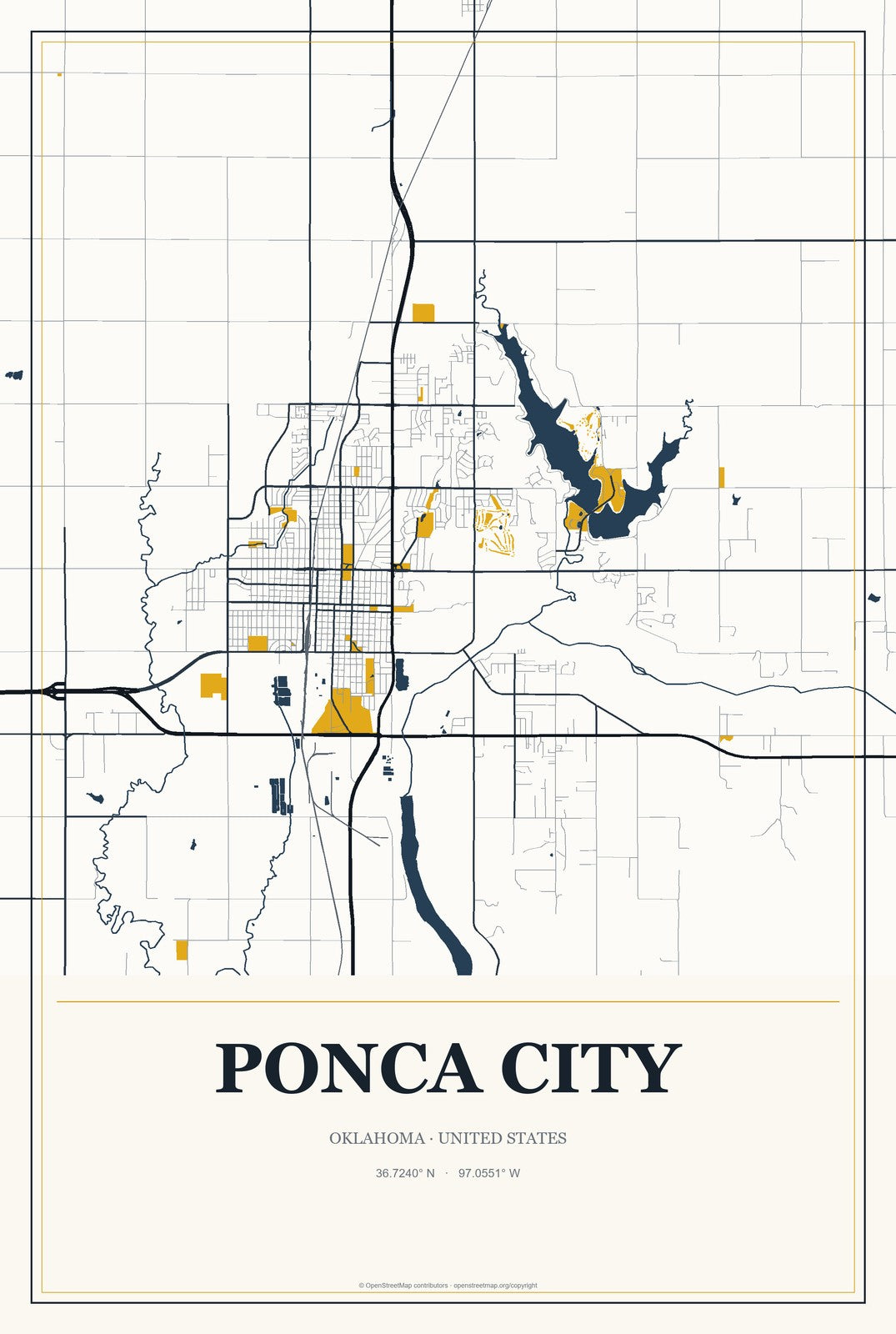 Ponca City, Oklahoma City Map Aluminum Sign in Citrine Modern style