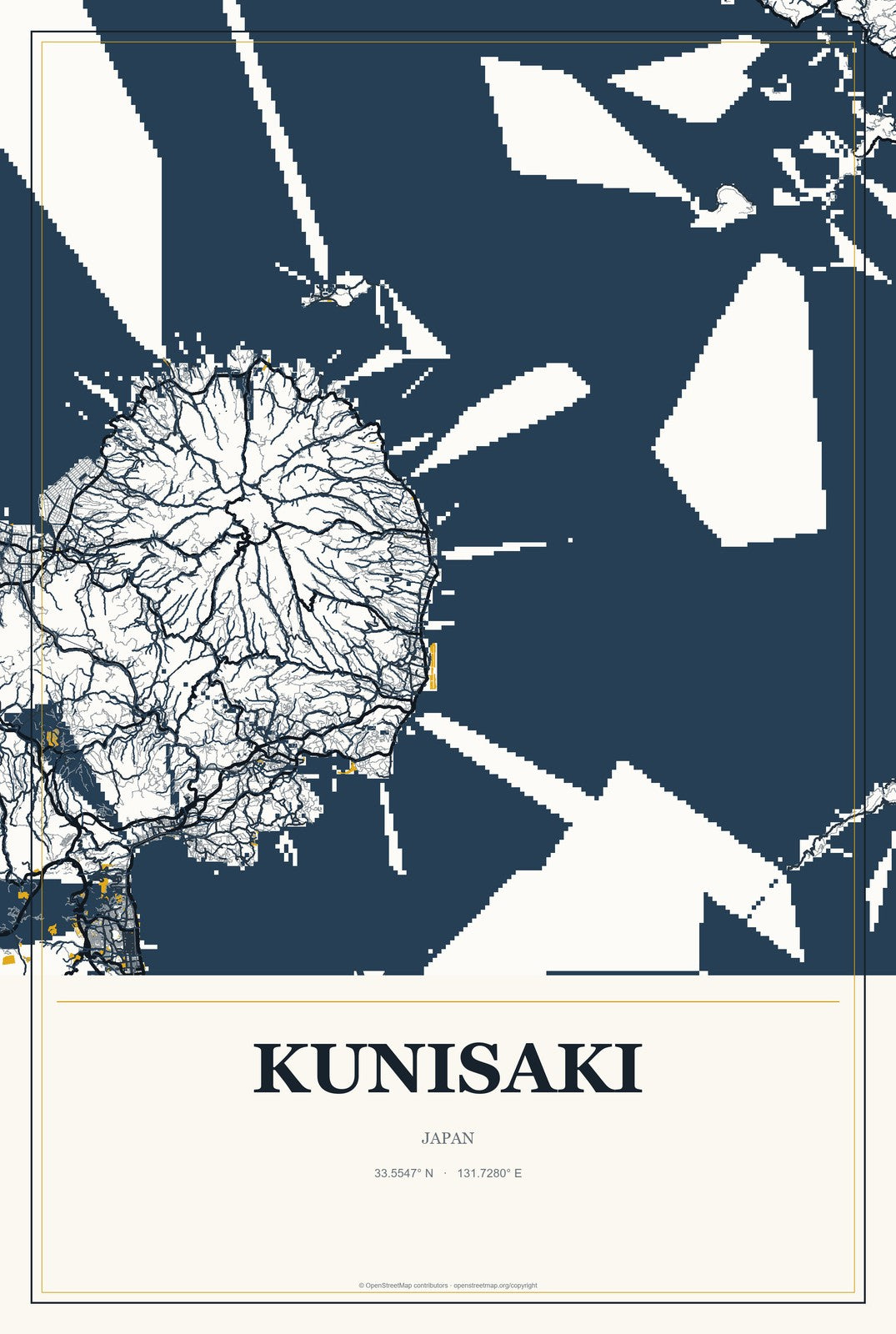 Kunisaki, Japan City Map Aluminum Sign in Citrine Modern style
