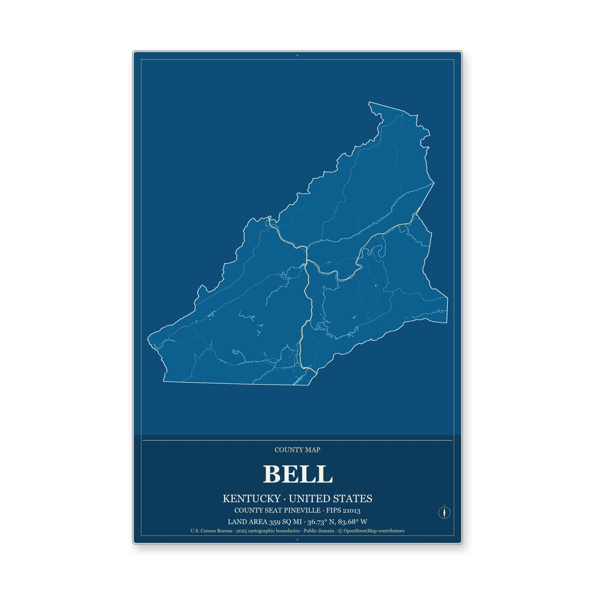 Bell County, Kentucky Map Aluminum Sign in Harbor Cobalt style