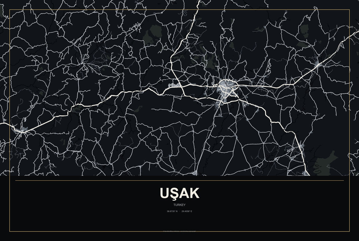 Uşak, Turkey City Map Aluminum Sign in Metropolitan Noir style