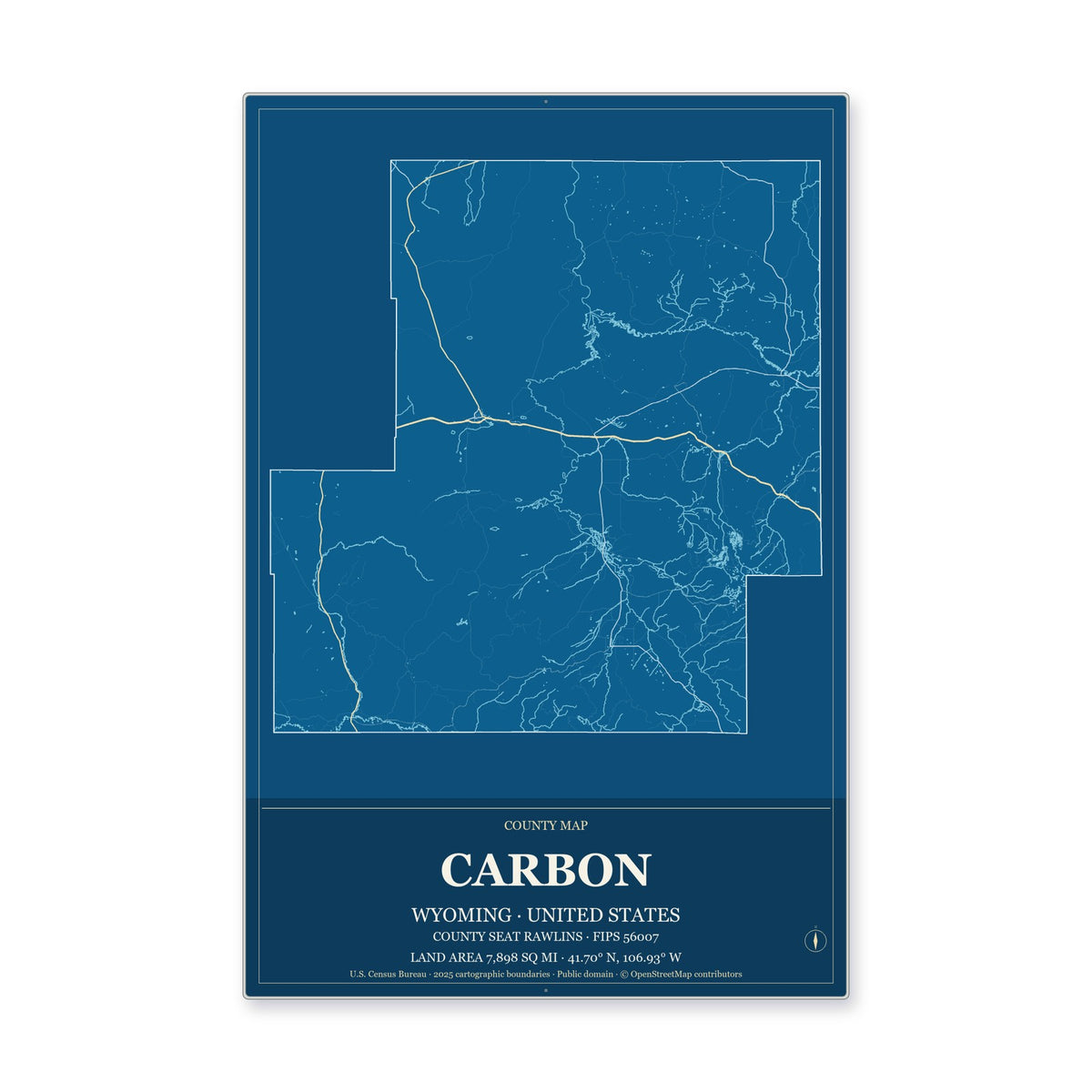 Carbon County, Wyoming Map Aluminum Sign in Harbor Cobalt style