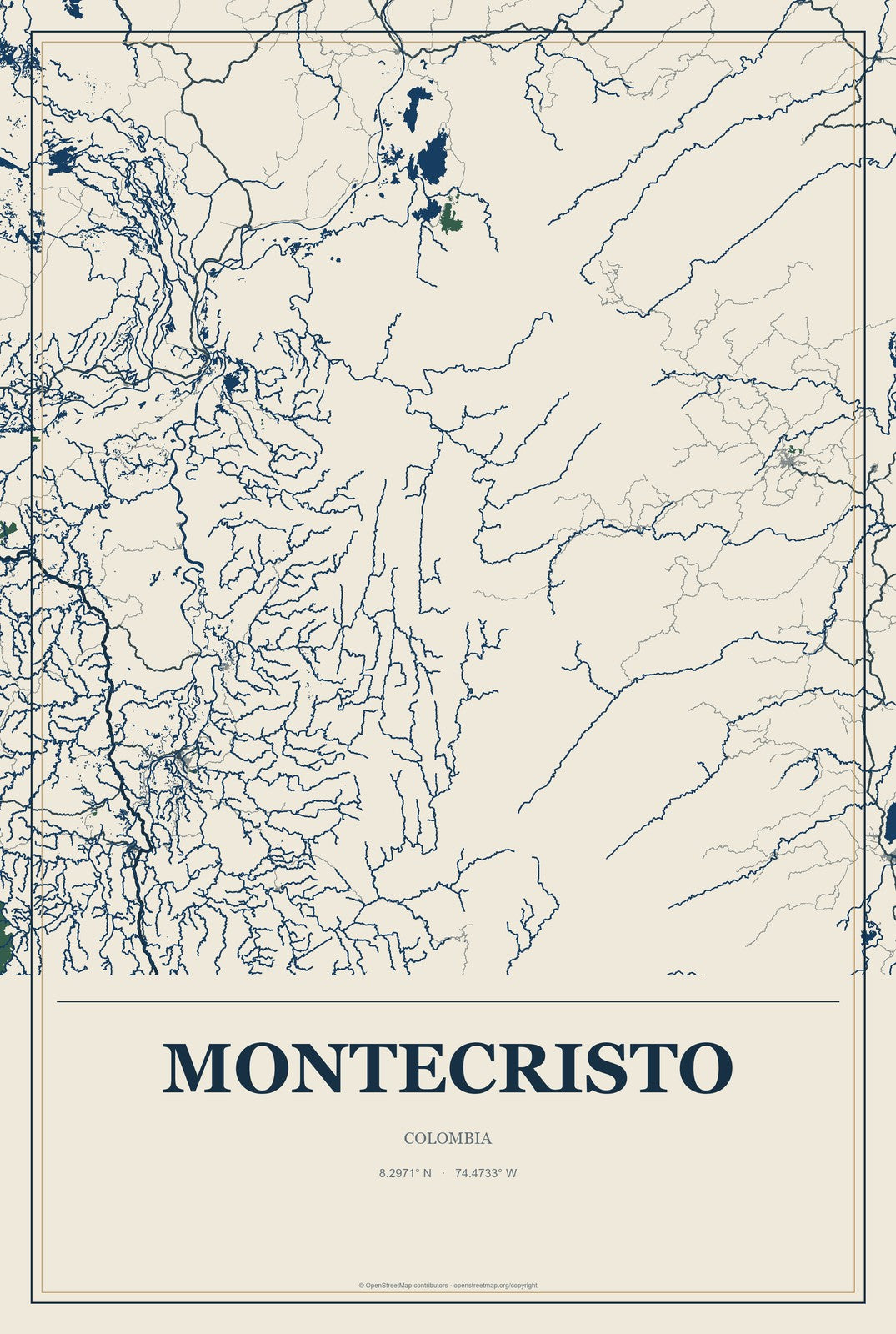 Montecristo, Colombia City Map Aluminum Sign in Coastal Cutout style
