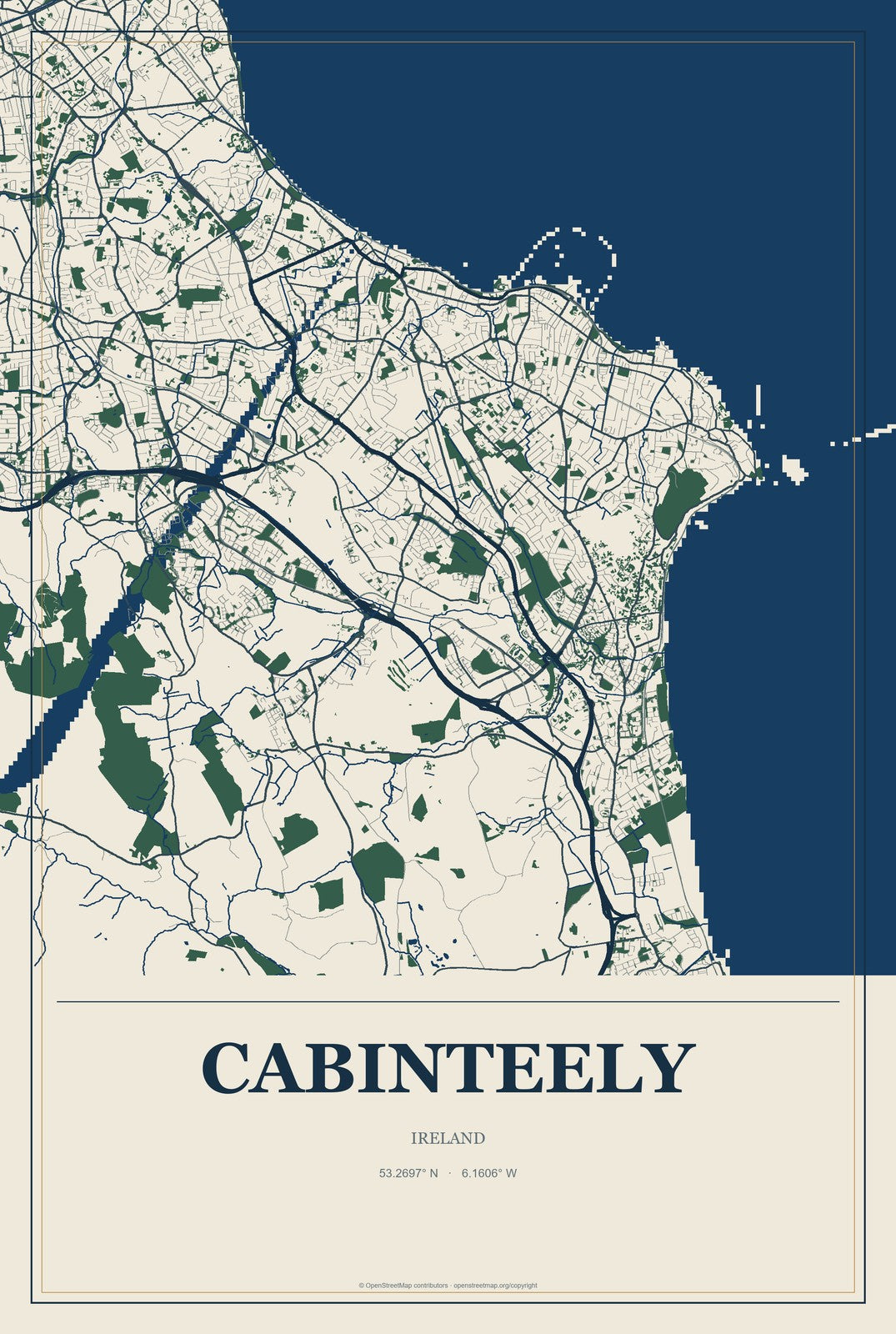 Cabinteely, Ireland City Map Aluminum Sign in Coastal Cutout style