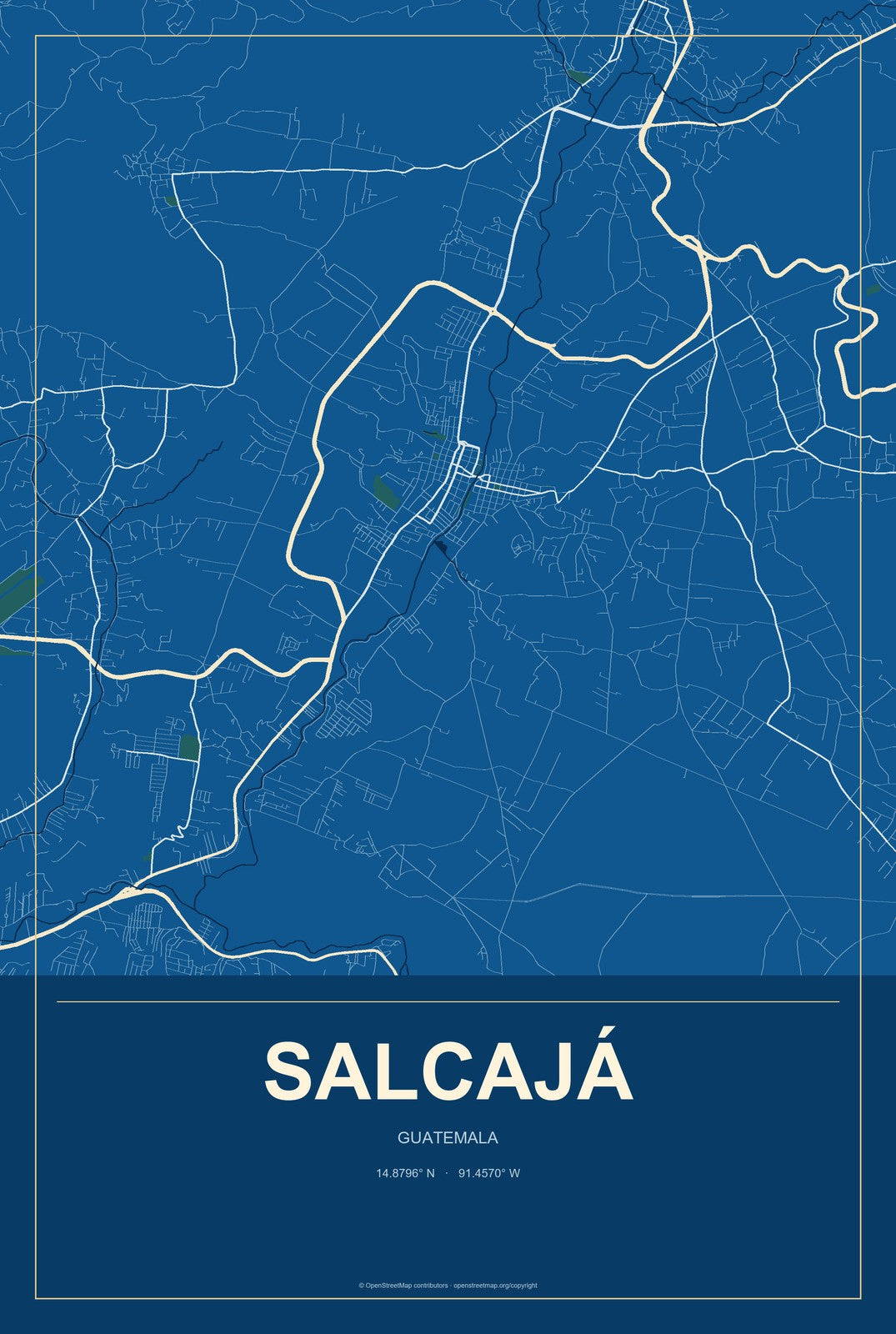 Salcajá, Guatemala City Map Aluminum Sign in Harbor Cobalt style
