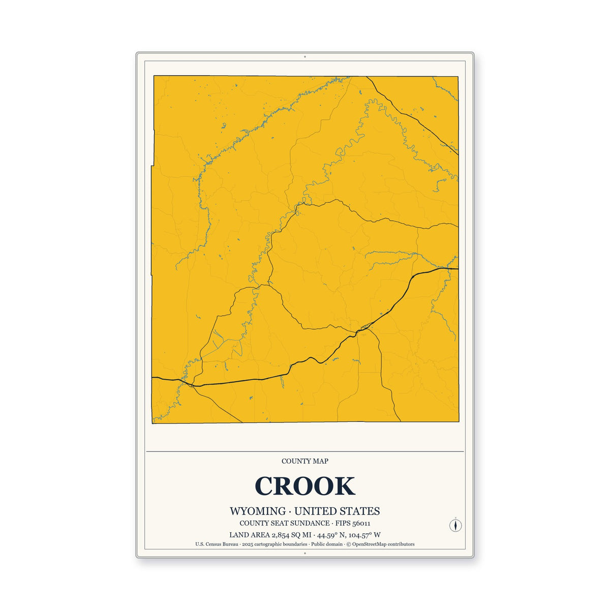 Crook County, Wyoming Map Aluminum Sign in Citrine Modern style