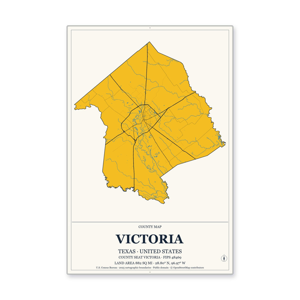 Victoria County, Texas Map Aluminum Sign in Citrine Modern style