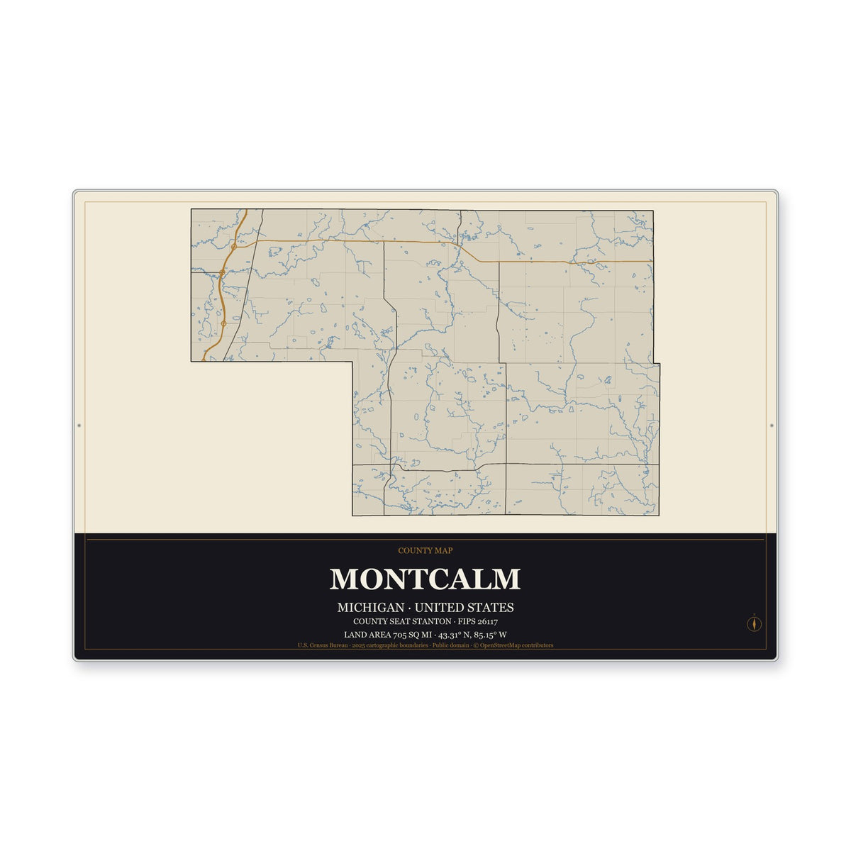 Montcalm County, Michigan Map Aluminum Sign in Museum Plaque style