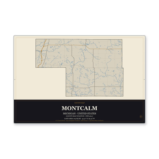 Montcalm County, Michigan Map Aluminum Sign in Museum Plaque style