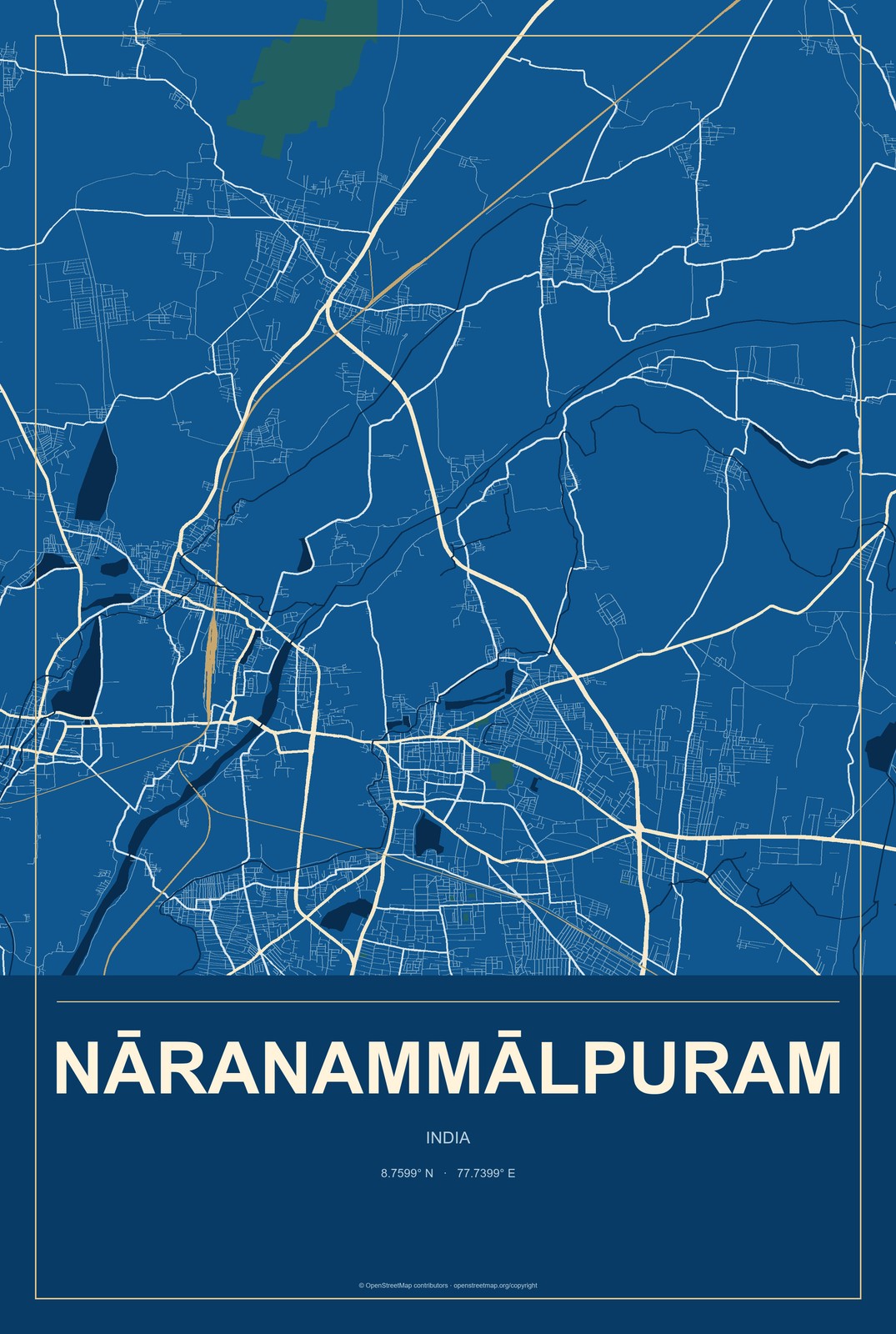 Nāranammālpuram, India City Map Aluminum Sign in Harbor Cobalt style