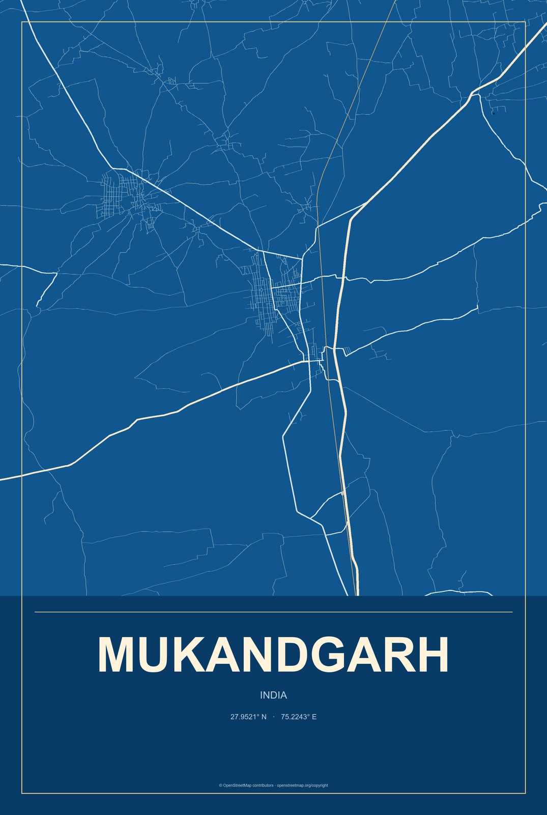 Mukandgarh, India City Map Aluminum Sign in Harbor Cobalt style