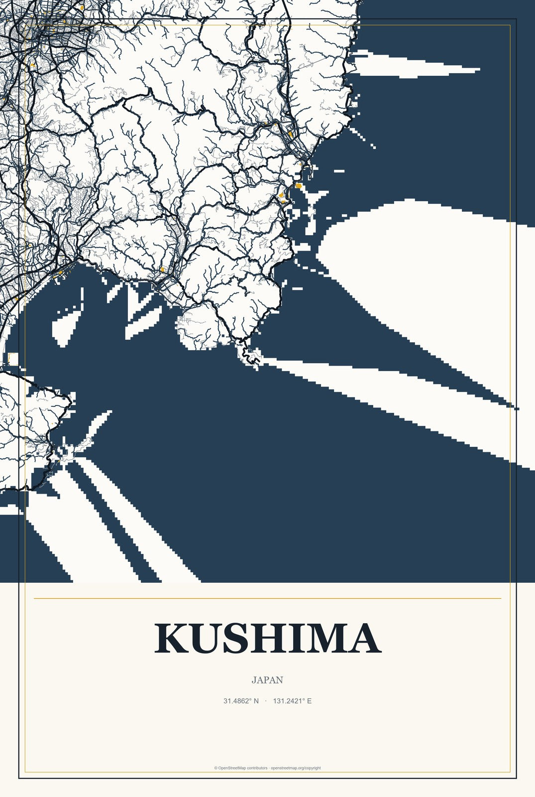 Kushima, Japan City Map Aluminum Sign in Citrine Modern style