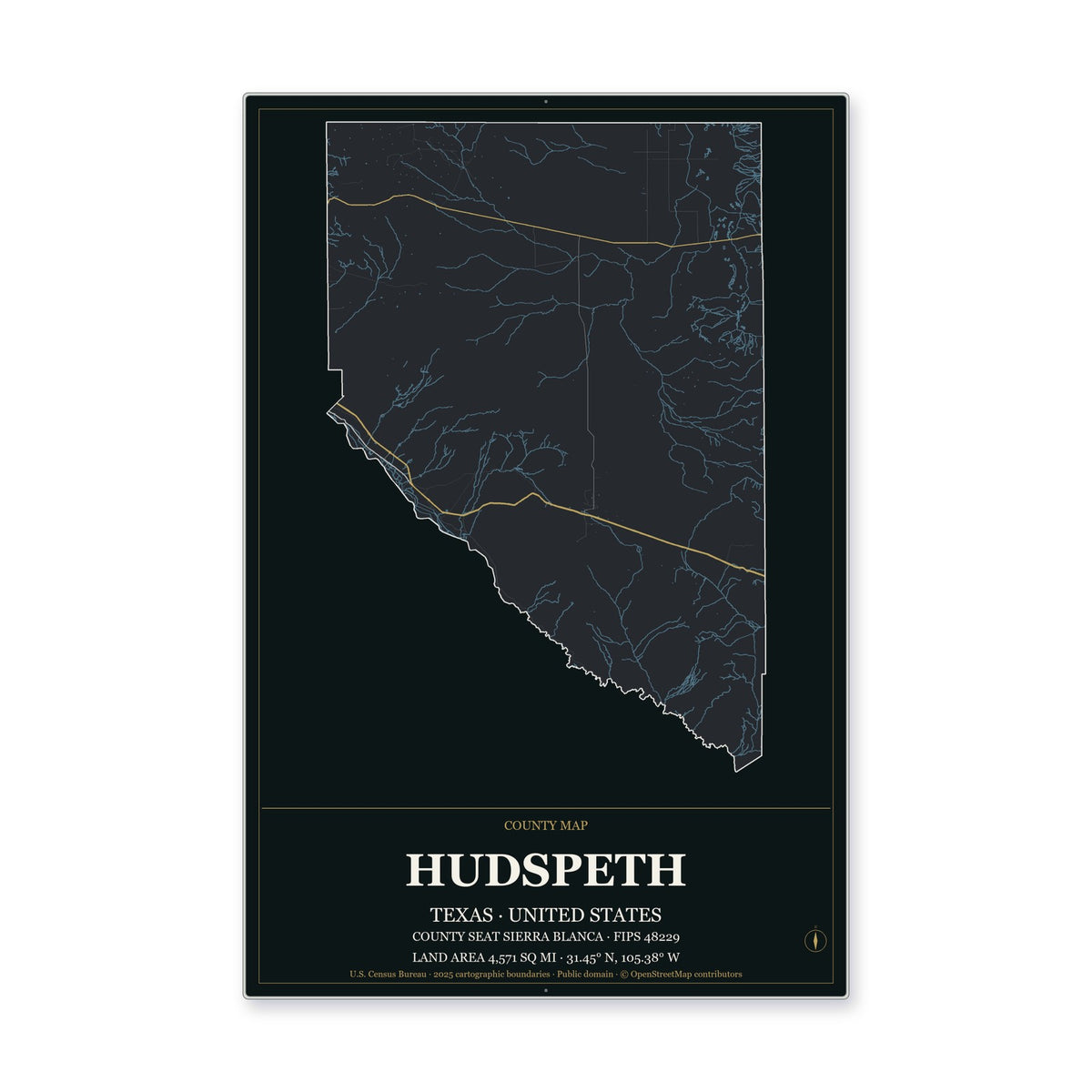 Hudspeth County, Texas Map Aluminum Sign in Metropolitan Noir style