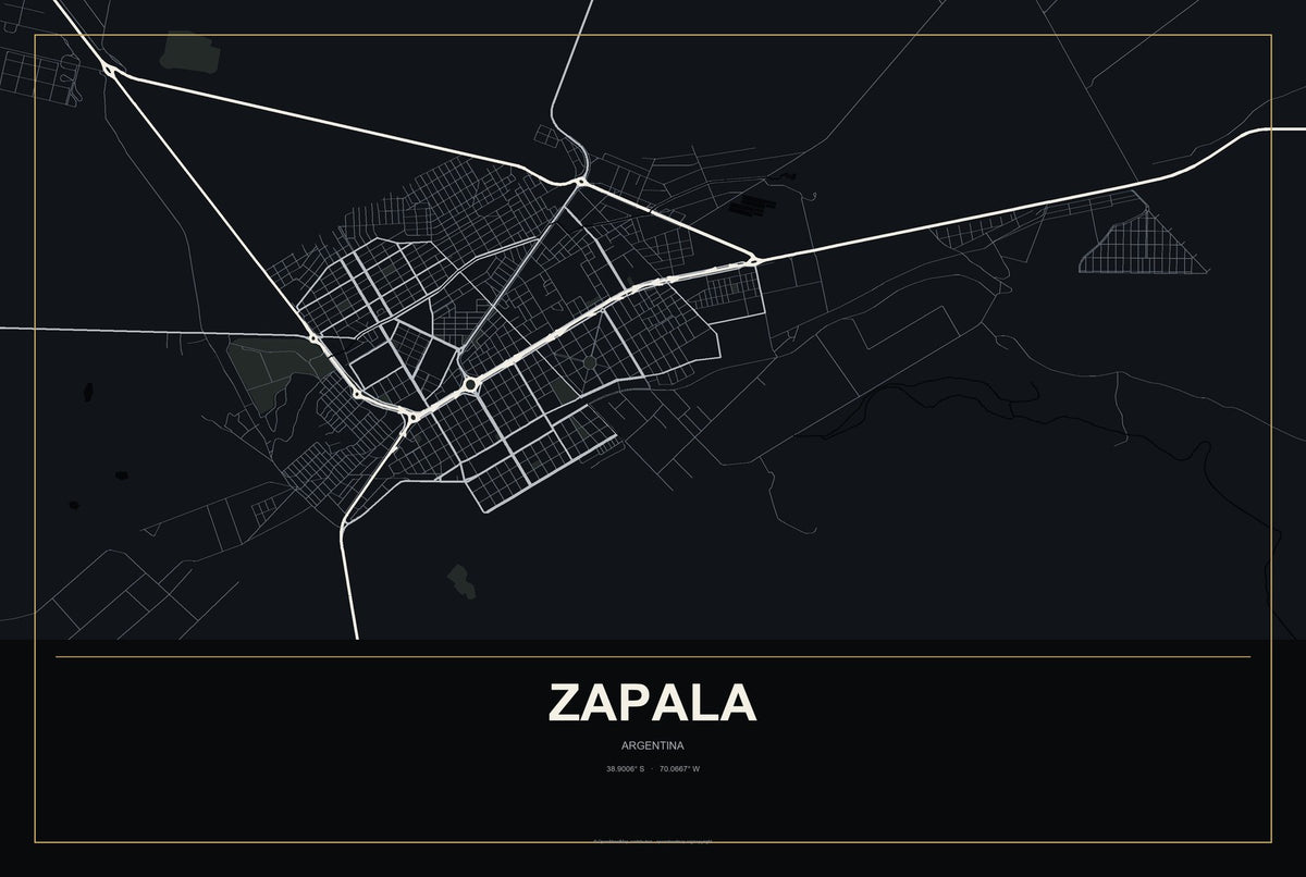 Zapala, Argentina City Map Aluminum Sign in Metropolitan Noir style