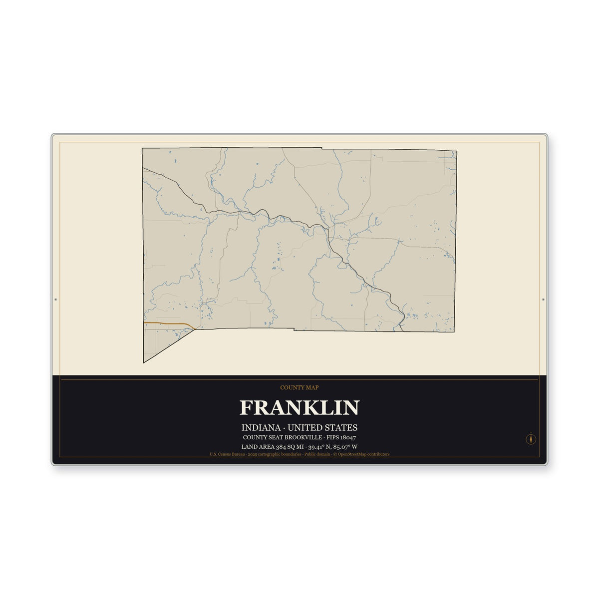 Franklin County, Indiana Map Aluminum Sign in Museum Plaque style
