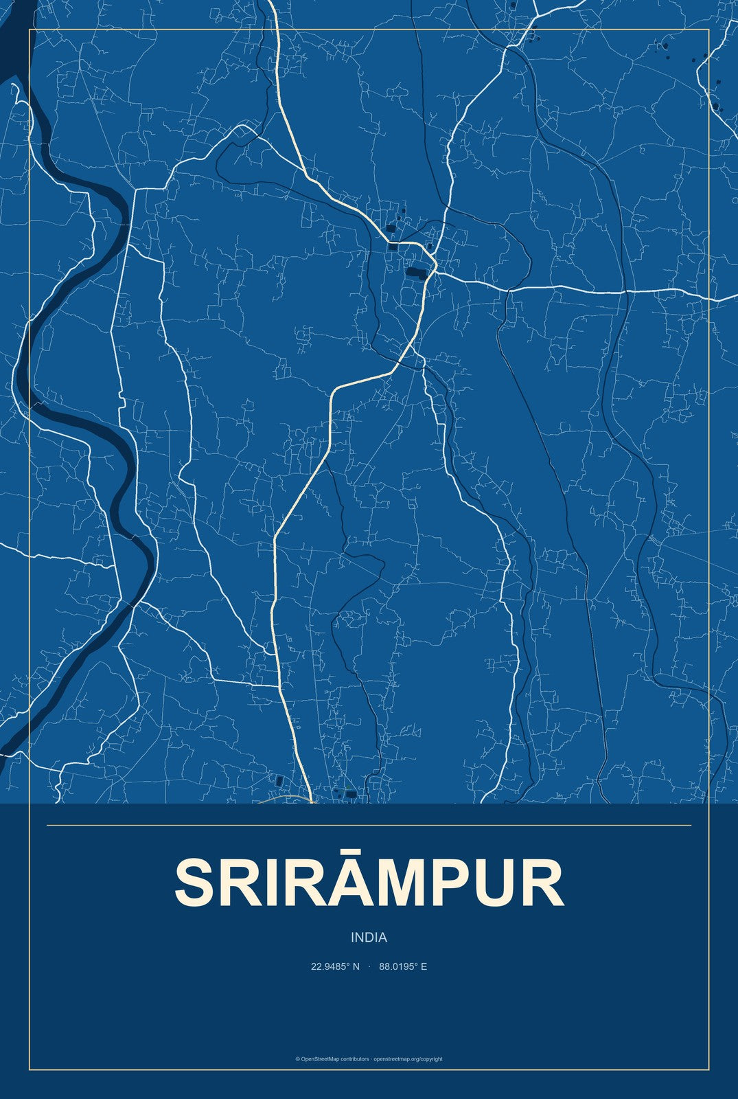 Srirāmpur, India City Map Aluminum Sign in Harbor Cobalt style